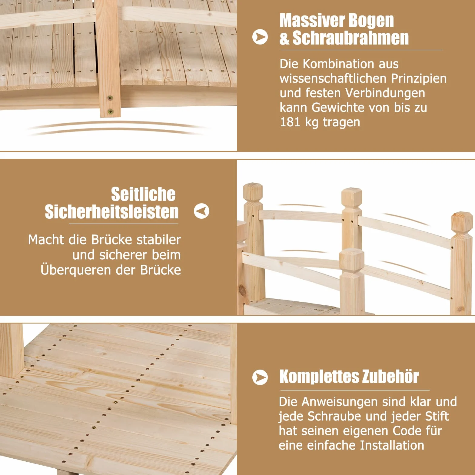 RELAX4LIFE Puente de Madera con Barandilla, Puente CE Jardín, Madera CE Abeto, Puente para Estanque, Carga 100 kg, Puente Decorativo Estable y Duradero, 150 x 67 x 55 cm (Natural)