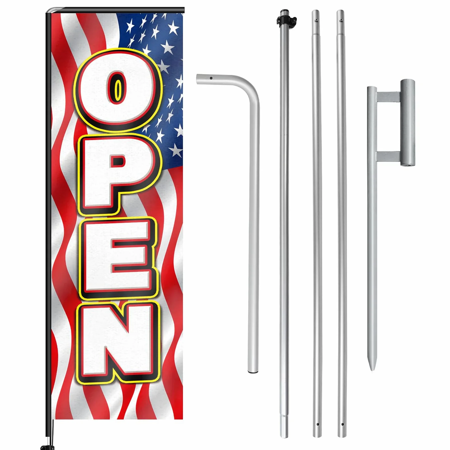Red Open02 - Bandera rectangular de plumas con kit de mástil de bandera y estaca para el suelo, 11 pies, bandera roja Open02 sin viento, cartel de negocios para publicidad en interiores y