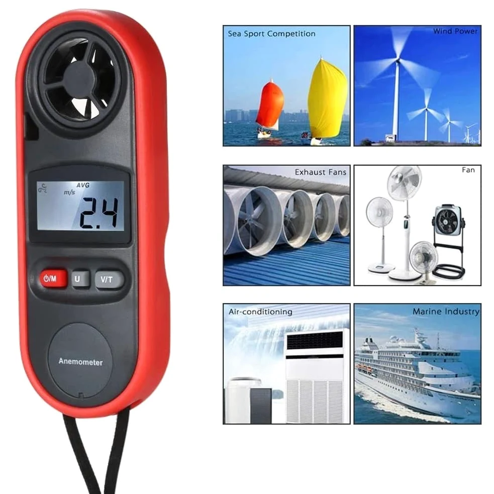 Anemómetro Digital de Mano con Interfaz USB, medidor portátil de Temperatura, Humedad, Velocidad del Viento con retroiluminación LCD y caudalímetro.