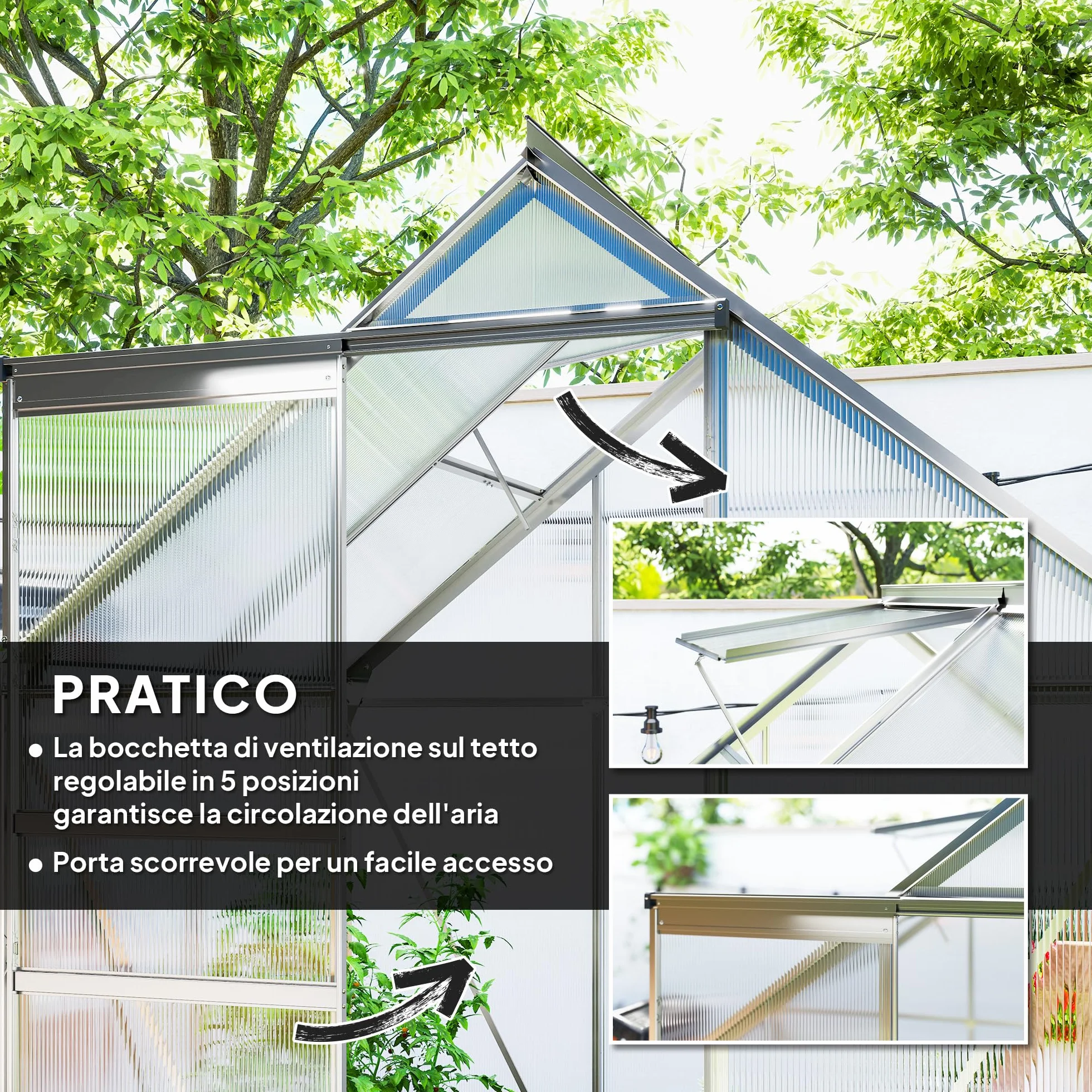 Outsunny Invernadero de jardín de policarbonato con marco de aleación de aluminio 2,5㎡, invernadero para huerto con base, canalones, ventana de techo ajustables, puerta batiente, para plantas, anti UV