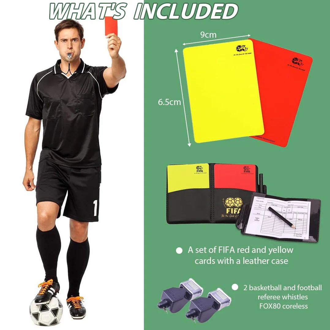 Set de árbitro de fútbol con tarjetas rojas y amarillas, 2 silbatos y cordón