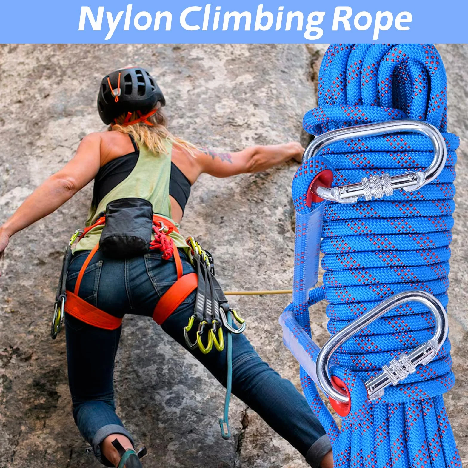Cuerda Escalada 20M 10mm Nylon Cuerda Seguridad Rescate 2 Mosquetones Exterior