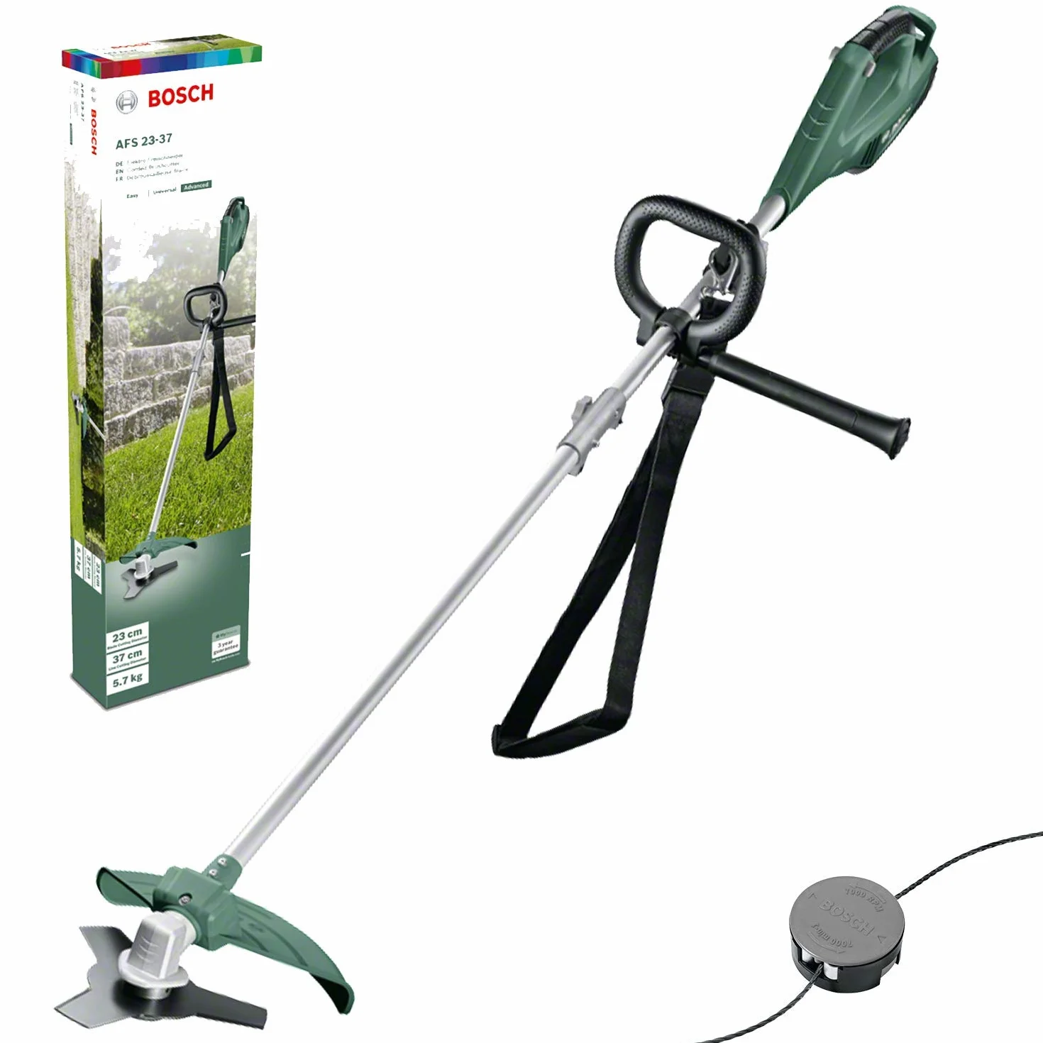 Bosch AFS 23-37 - Desbrozadora (Cuchilla de 3 Hojas, 3 Hilos de Corte, empuñadura Adicional, caperuza en Caja de cartón, Doble Sistema de Corte)