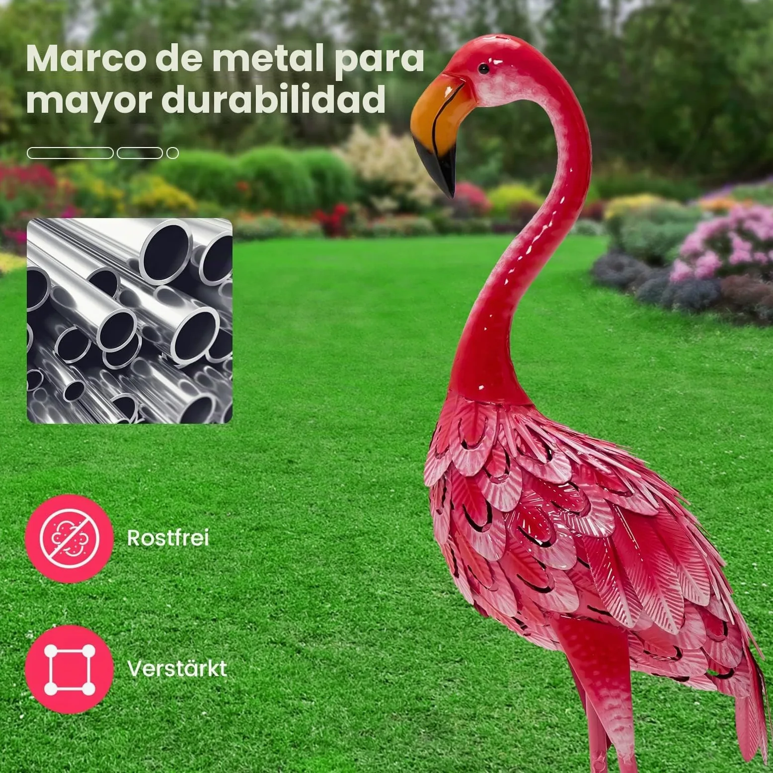 RELAX4LIFE Estatua de Jardín de Flamencos de 2 Unidades, Escultura Metálica de Flamenco Resistente al Óxido para Jardín, Balcón,Terraza, Patio Trasero, 27x20x89cm