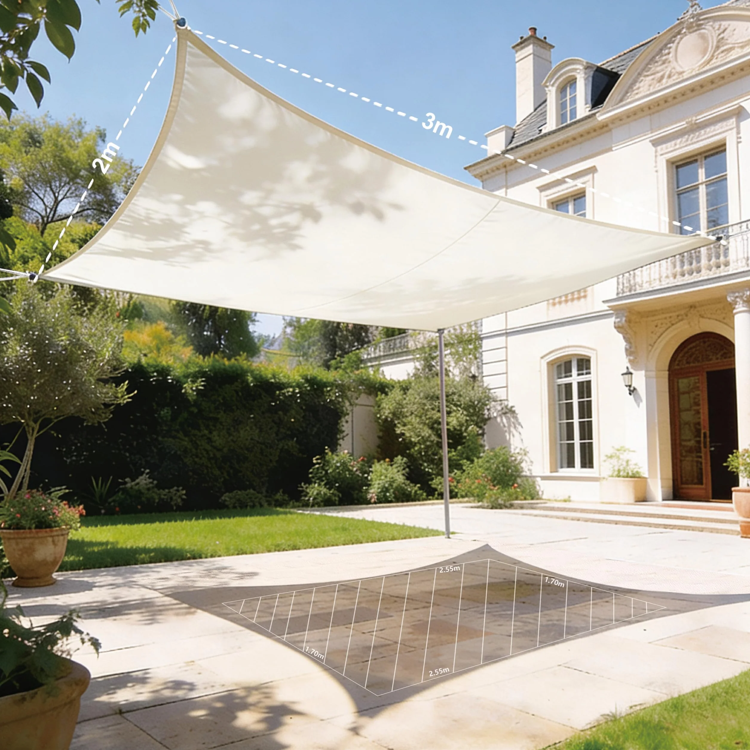 HAIKUS Toldo Vela de Sombra Impermeable Rectangular 2x3m Protección UV PES, Toldos para Patio Exterior Jardín Terraza - Crema