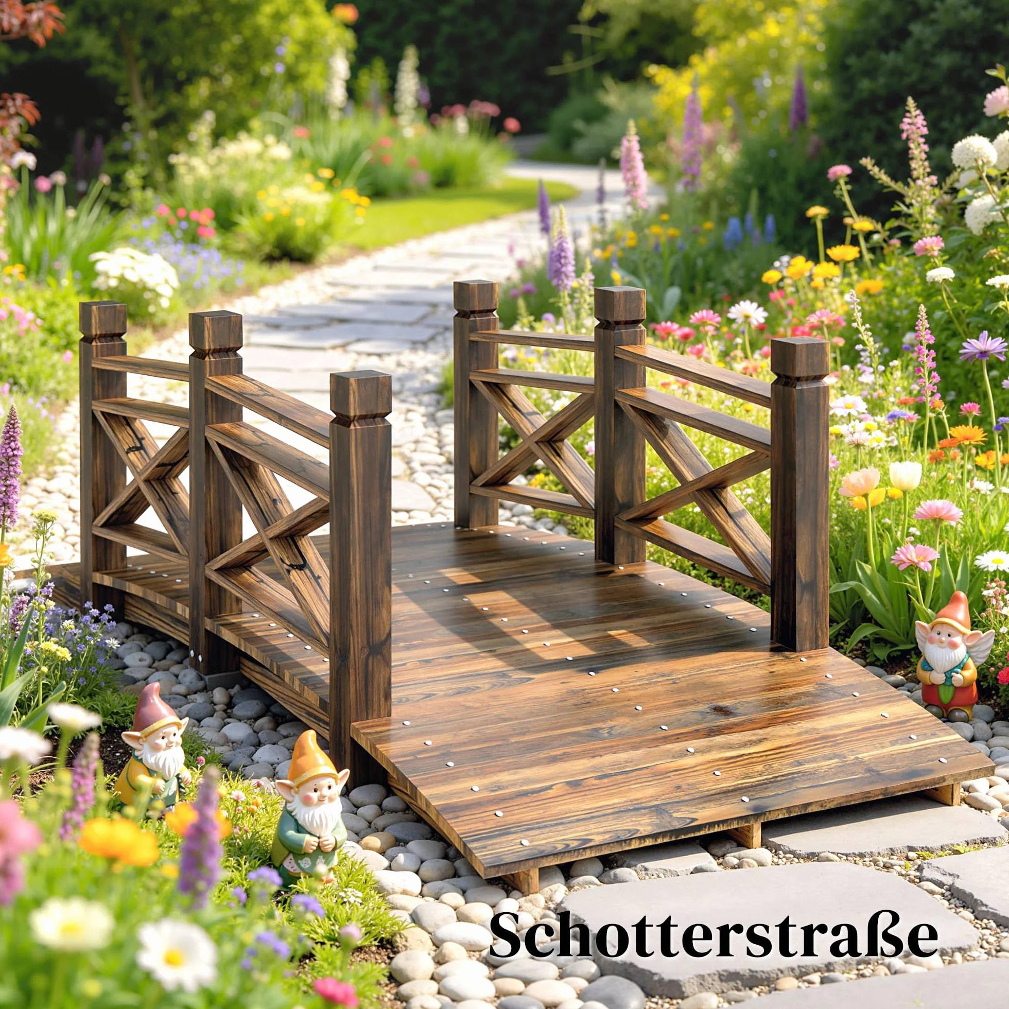 Outsunny Puente de madera con barandilla, puente de jardín de madera de abeto, puente para estanque con aspecto antiguo, transitable, hasta 200 kg, resistente a la corrosión, puente decorativo para