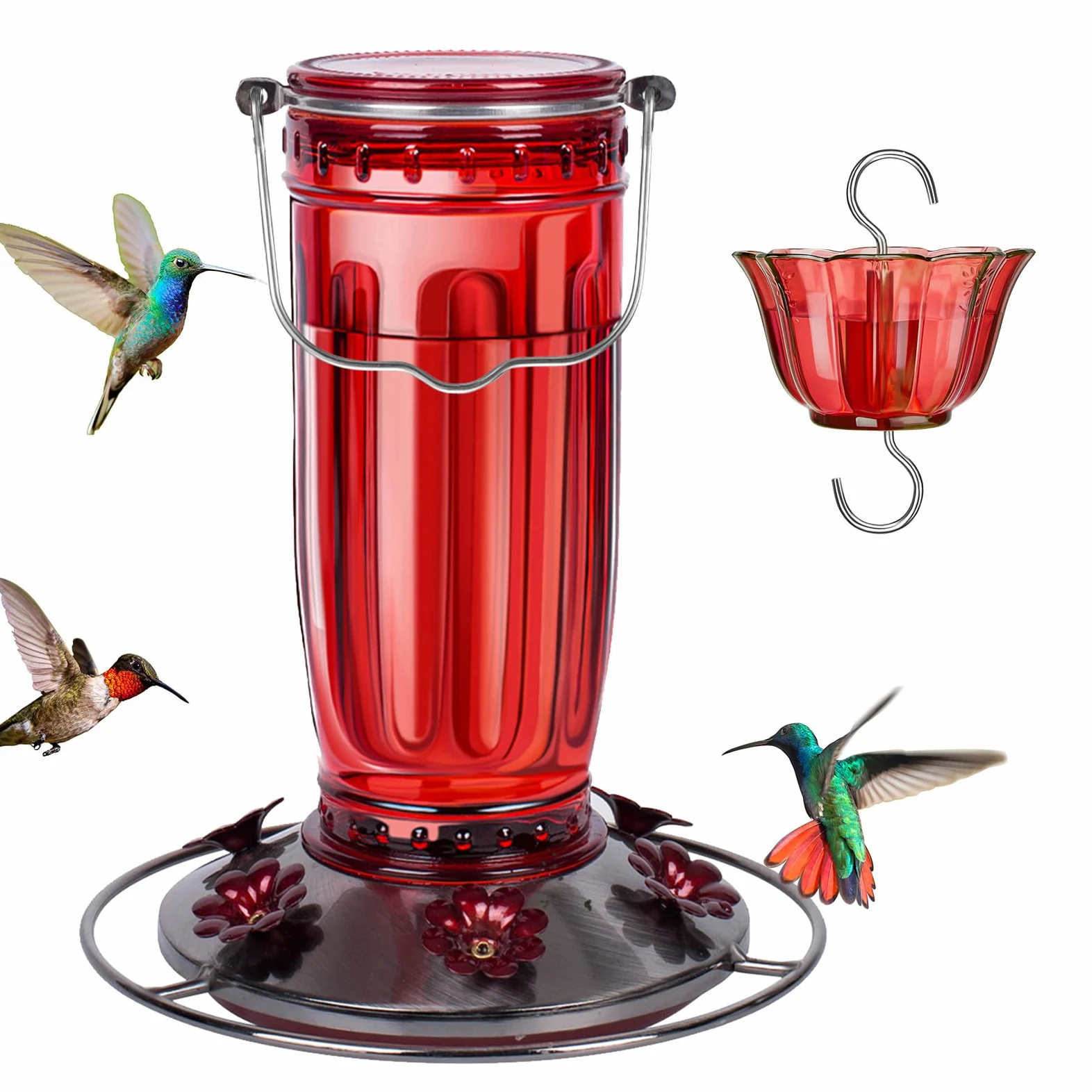 Kingsyard Comedero de cristal para colibrí al aire libre con 6 puertos de alimentación colgantes para jardín