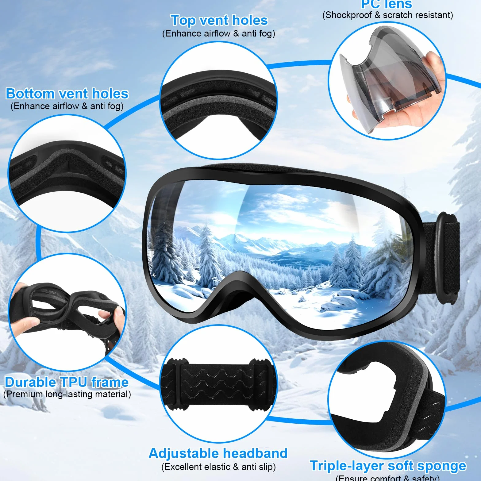 Gafas de Esquí Máscara Snowboard Anti Niebla Protección UV Hombre Mujer Adultos