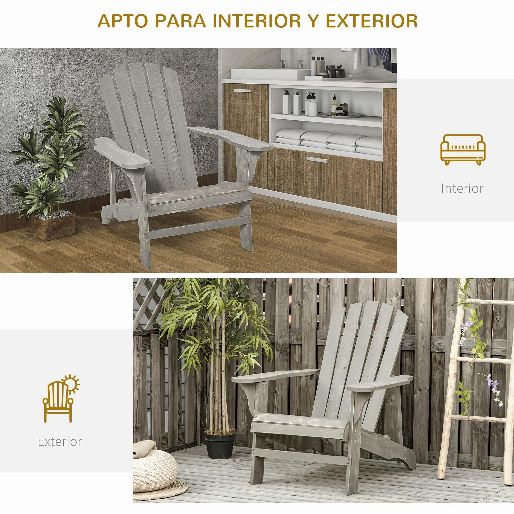 Outsunny Silla Adirondack de Madera Silla de Jardín con Asiento Extra Ancho Carga 150 kg para Patio Terraza Balcón 78x89x88 cm Gris Claro