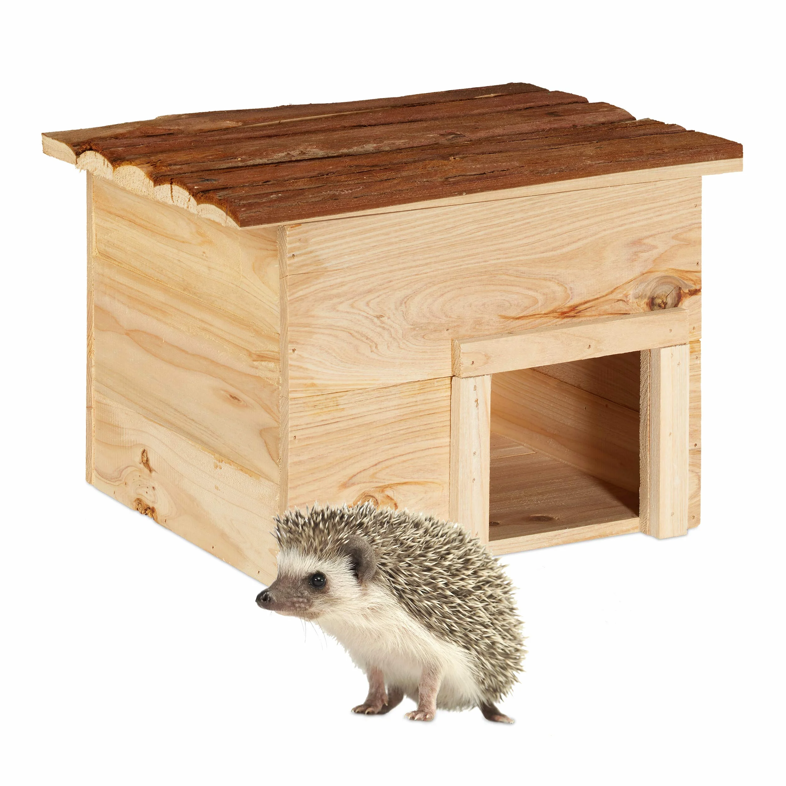 Relaxdays Casa Erizo, Cueva Animales Pequeños, de Madera, con Suelo, Refugio Hibernación Jardín, 22,5x32x27 cm, Natural