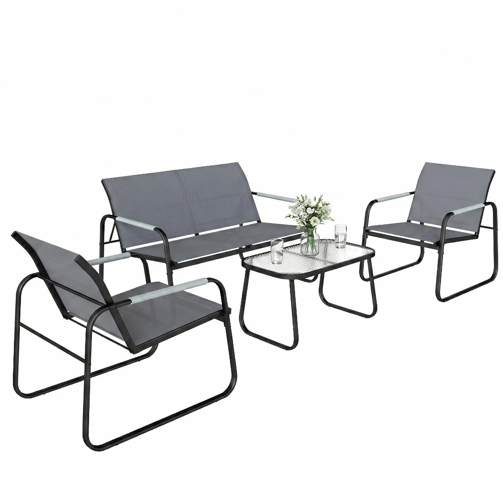 Outsunny Conjunto de Jardín Exterior de 4 Piezas, Muebles Jardín Exterior con 1 Sofá de 2 Plazas, 2 Sillones y Mesa de Vidrio Templado, Estructura de Acero y Textilene Transpirable, Gris