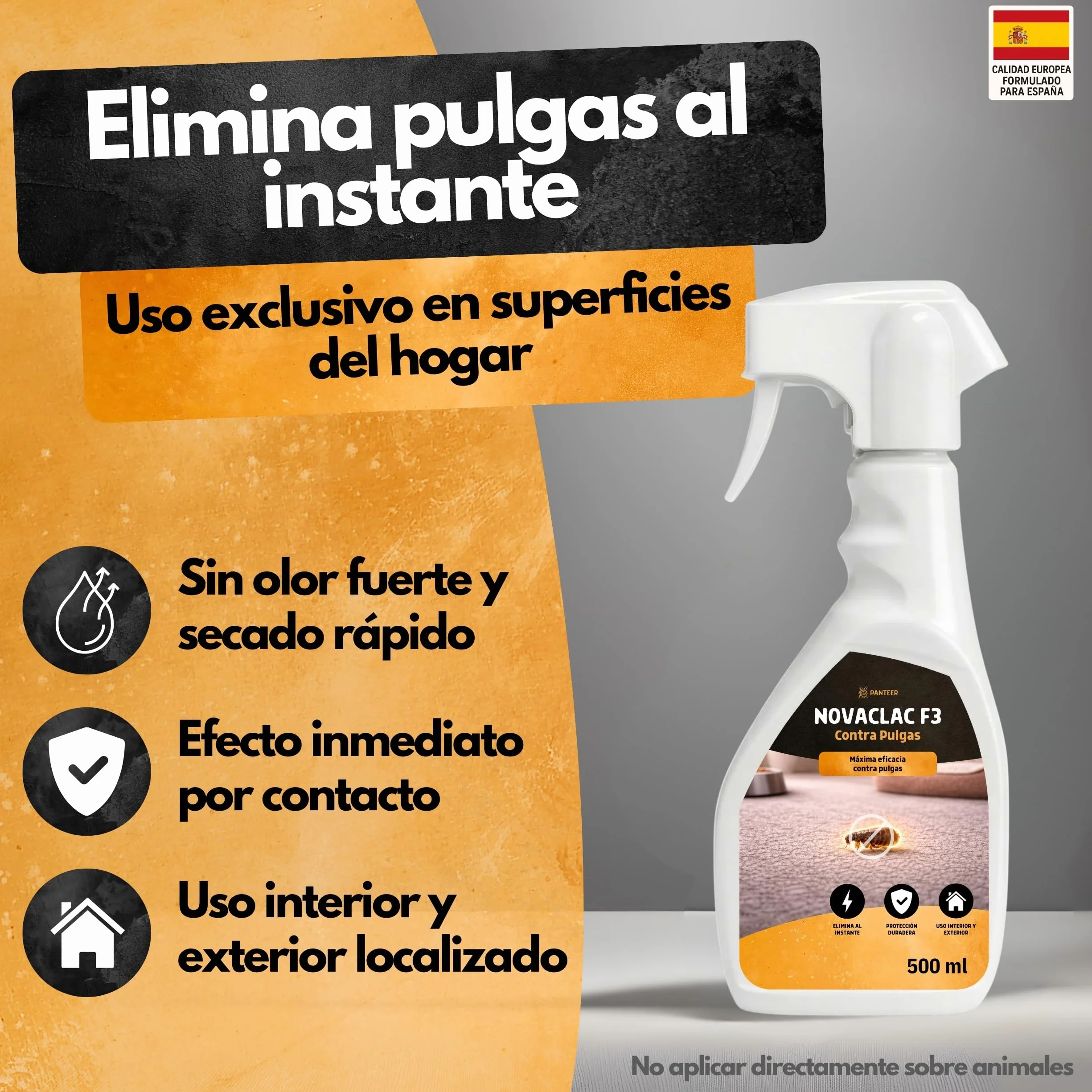 NOVACLAC F3 Mata Pulgas – Spray Insecticida 500 ml PT18 – Elimina pulgas al instante – Protección duradera – Uso interior y exterior – Calidad europea formulada para España