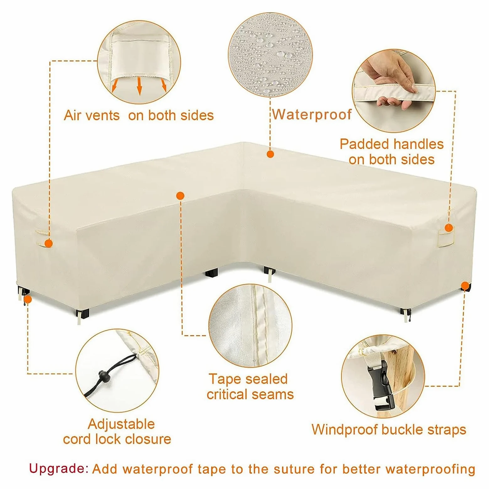 Fundas de sofá de jardín en Forma de L, Tela Oxford 420D, Impermeable Funda Sofa para Exterior, Funda para Muebles de Jardín, para Jardin Sofá Seccional (222x286x78cm,Blanco)