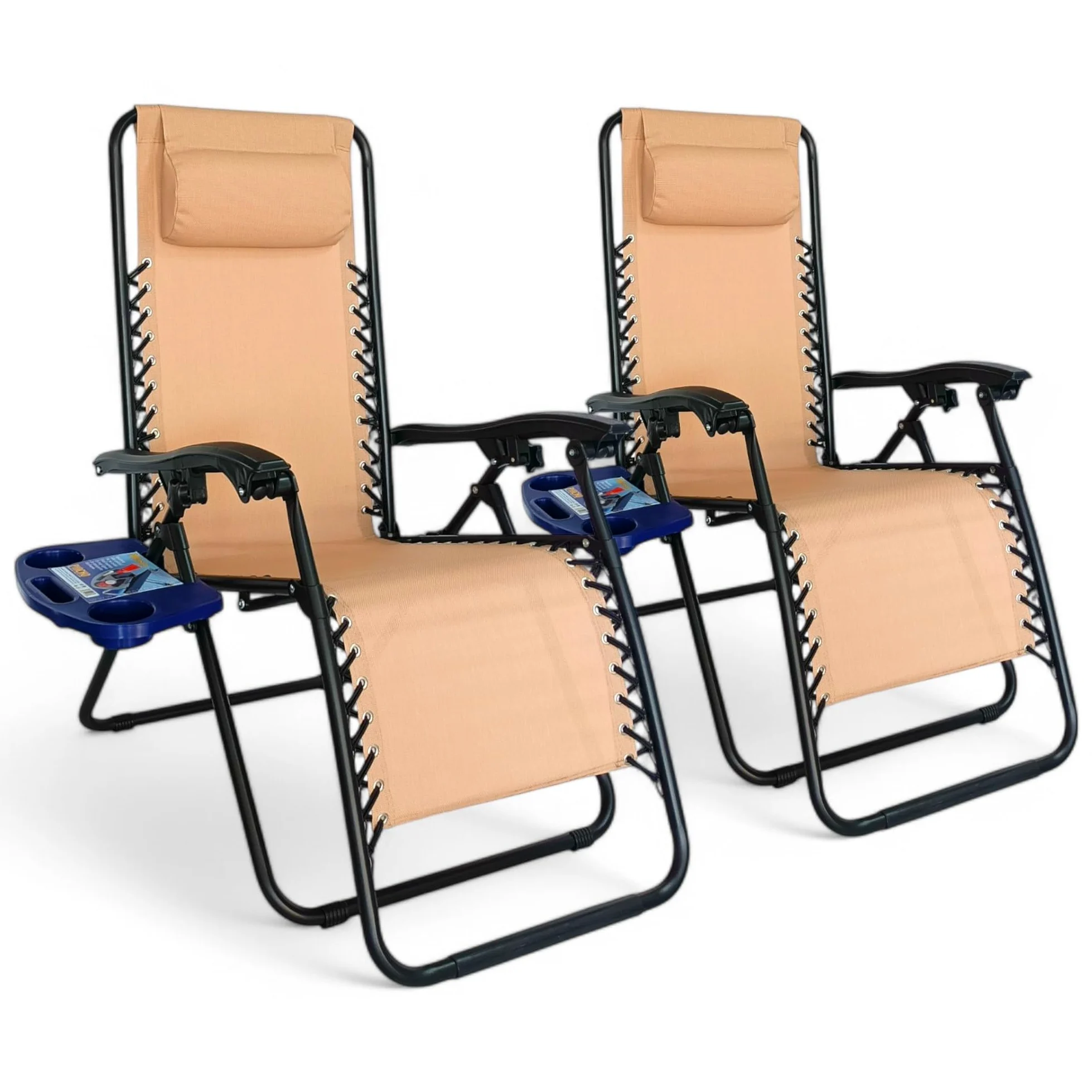 Pincho Tumbona Jardin Exterior Plegable de Gravedad Cero - Pack 2 Sillas Reclinables o Hamacas para Playa, Terraza y Camping con Portavasos, Ligeras y Cómodas (Beige)
