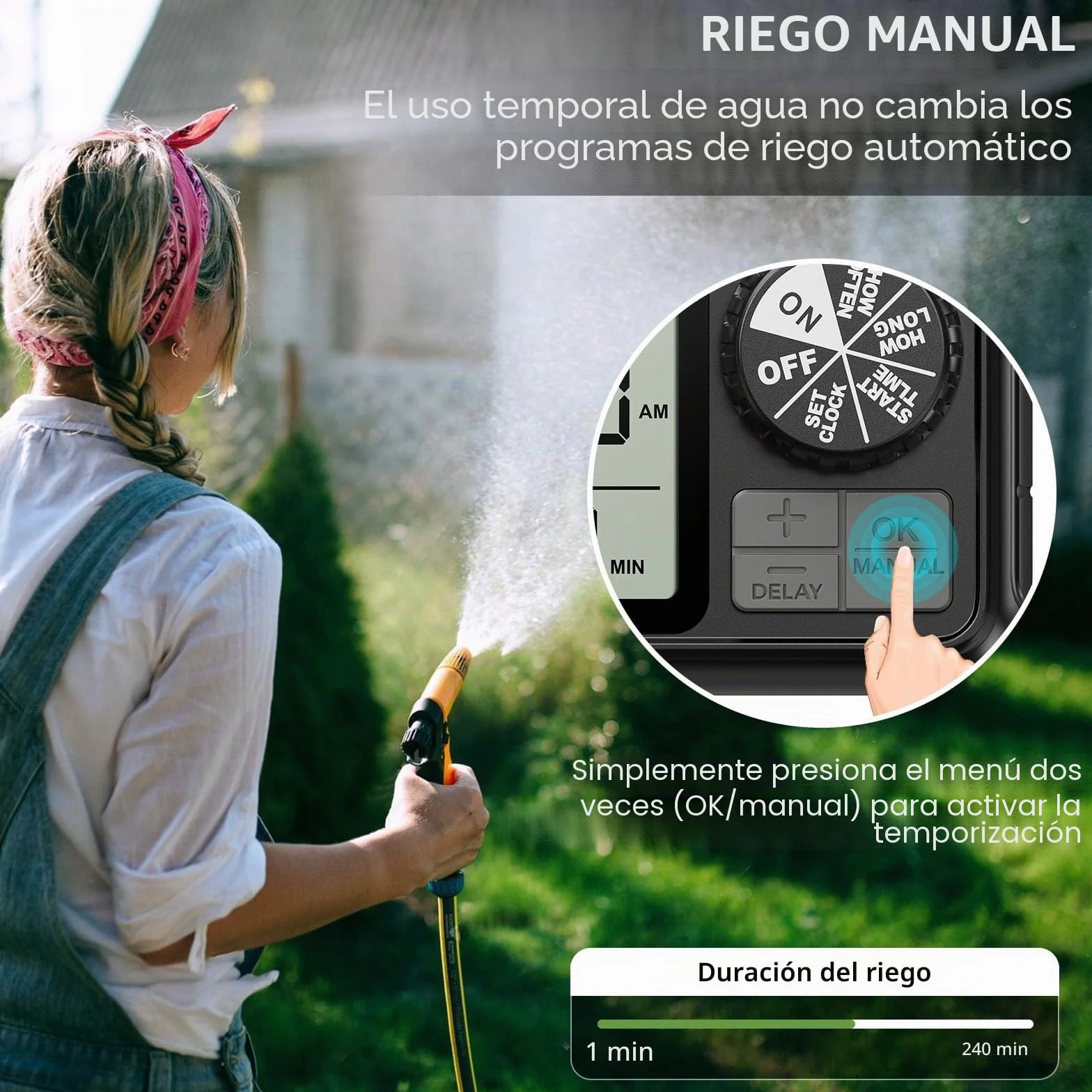 Ordenador de riego, Reloj de riego con retardo de Lluvia/Modo automático y Manual, IPX5 Resistente al Agua/Pantalla Grande Pantalla LCD Temporizador de Agua para jardín césped (1 Salidas)