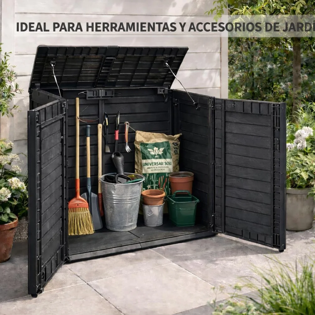 Acomoda Textil - Baul de Almacenaje Exterior 117X74X110 cm con 2 Puertas y Tapa Superior. Arcon de 780 Litros de Exterior para Cubos Basura, Herramientas, Accesorios para Terraza Patio o Jardín.
