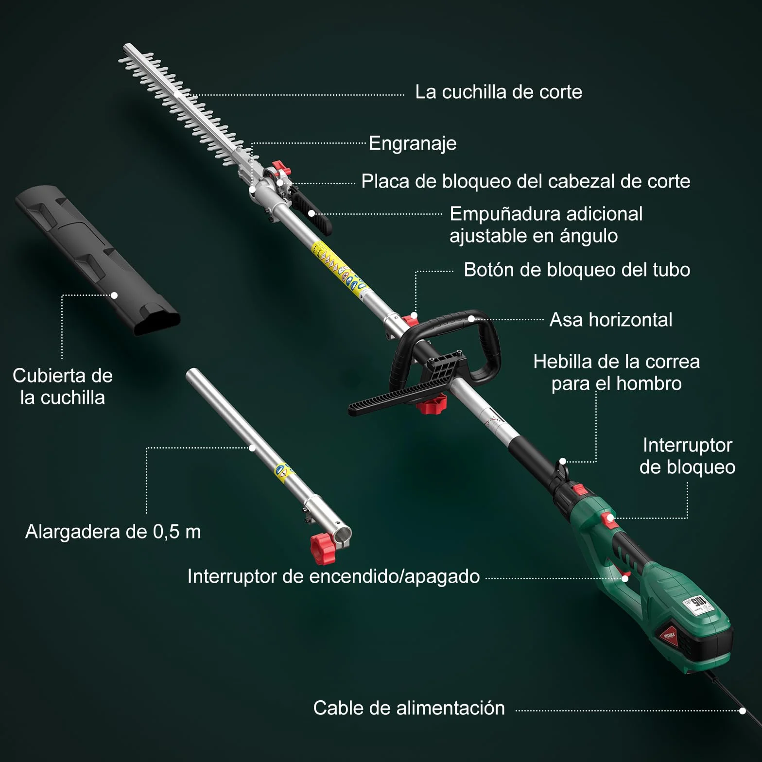 HYCHIKA Cortasetos Electrico Telescopico 900W, Cortasetos Telescopico, Extensible 200-250 cm, Cabezal Pivotante +90°~-45°, Doble Interruptor y Doble Asa, para Podar Césped, Arbustos y Setos