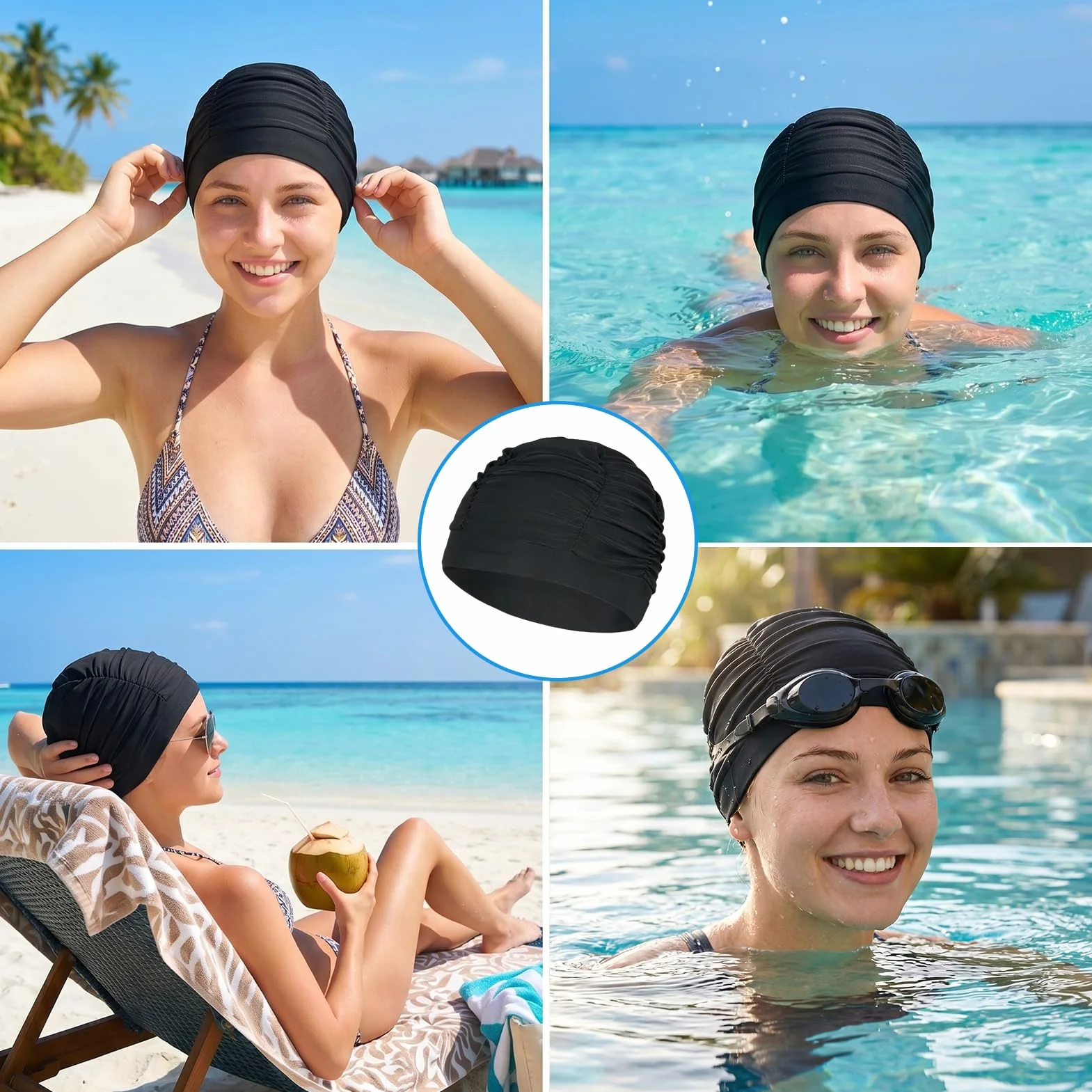 Gorros Piscina Mujer 3 Piezas 25x15mm de Tela Elástica Poliéster, Cómodo Gorro Natación Adulto para Cabello Largo, Playa, Deportes, Proteger Sol Negro