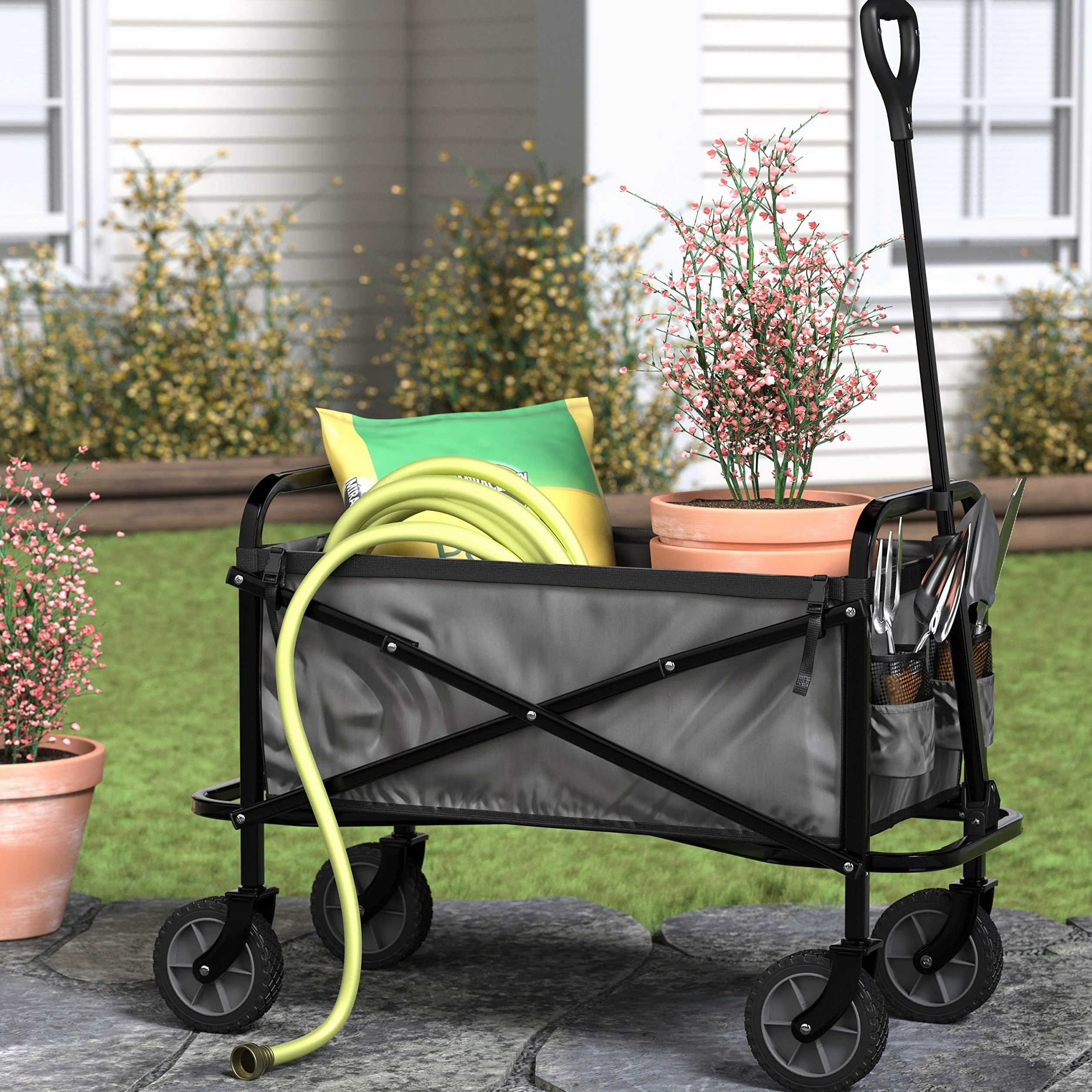 Amazon Basics Carreta plegable para jardín y aire libre con bolsa de cubierta, 70.1 x 103.89 x 50.8 cm, gris