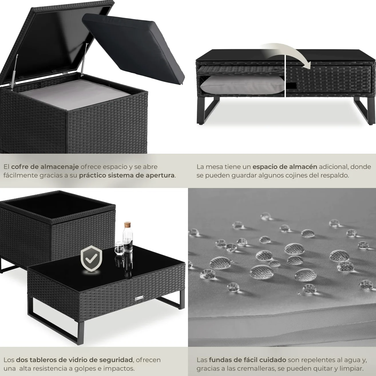 TecTake® Conjunto Jardín de Ratán con Cojines Gruesos, Muebles Jardín Exterior 2 Sofás, 1 Mesa Cristal, 1 Caja Almacenamiento, Conjunto Terraza Resistente a la Intemperie, Estructura en Acero - Negro