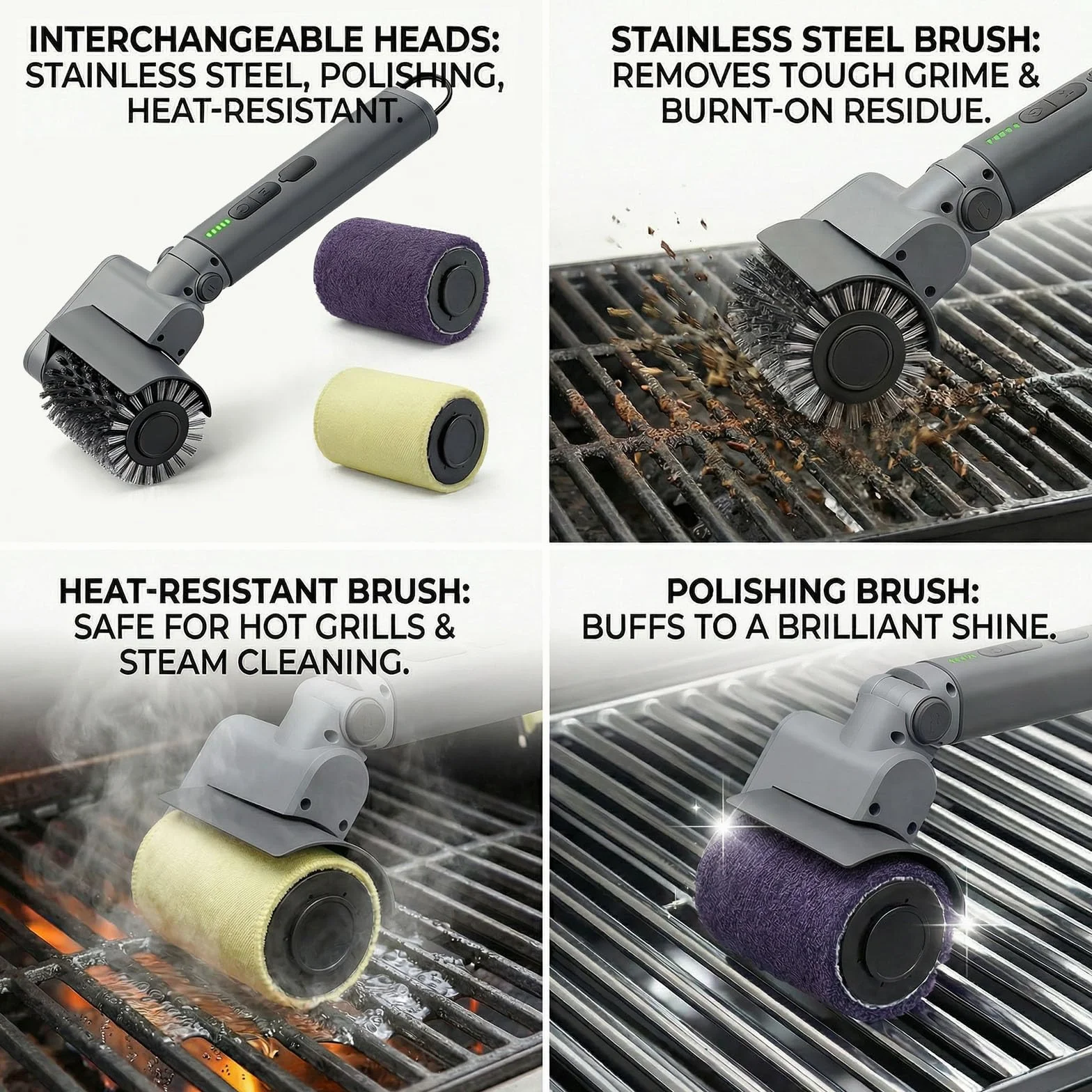 Kit de Cepillo Eléctrico para Barbacoa 3 en 1 – Limpiador de Parrilla Inalámbrico con Cabezales de Metal Reforzados – 2 Horas de Batería, Impermeable y Apto para Lavavajillas – Color Gris Claro