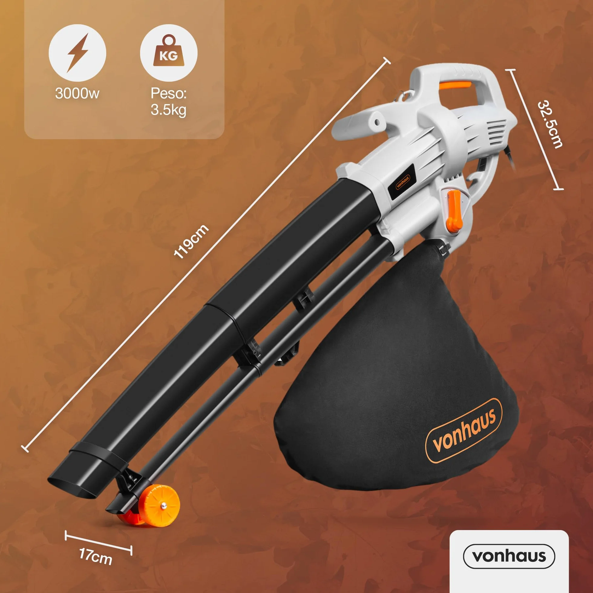 VonHaus Soplador Aspirador de Hojas Ligero de 3000W – Sopladora Aspiradora de Hojas de Jardín, Patio, Canalones, Caminos y Más, Correa de Hombro, Ruedas, Bolsa de Recogida de 35L 10:1 (Negro)