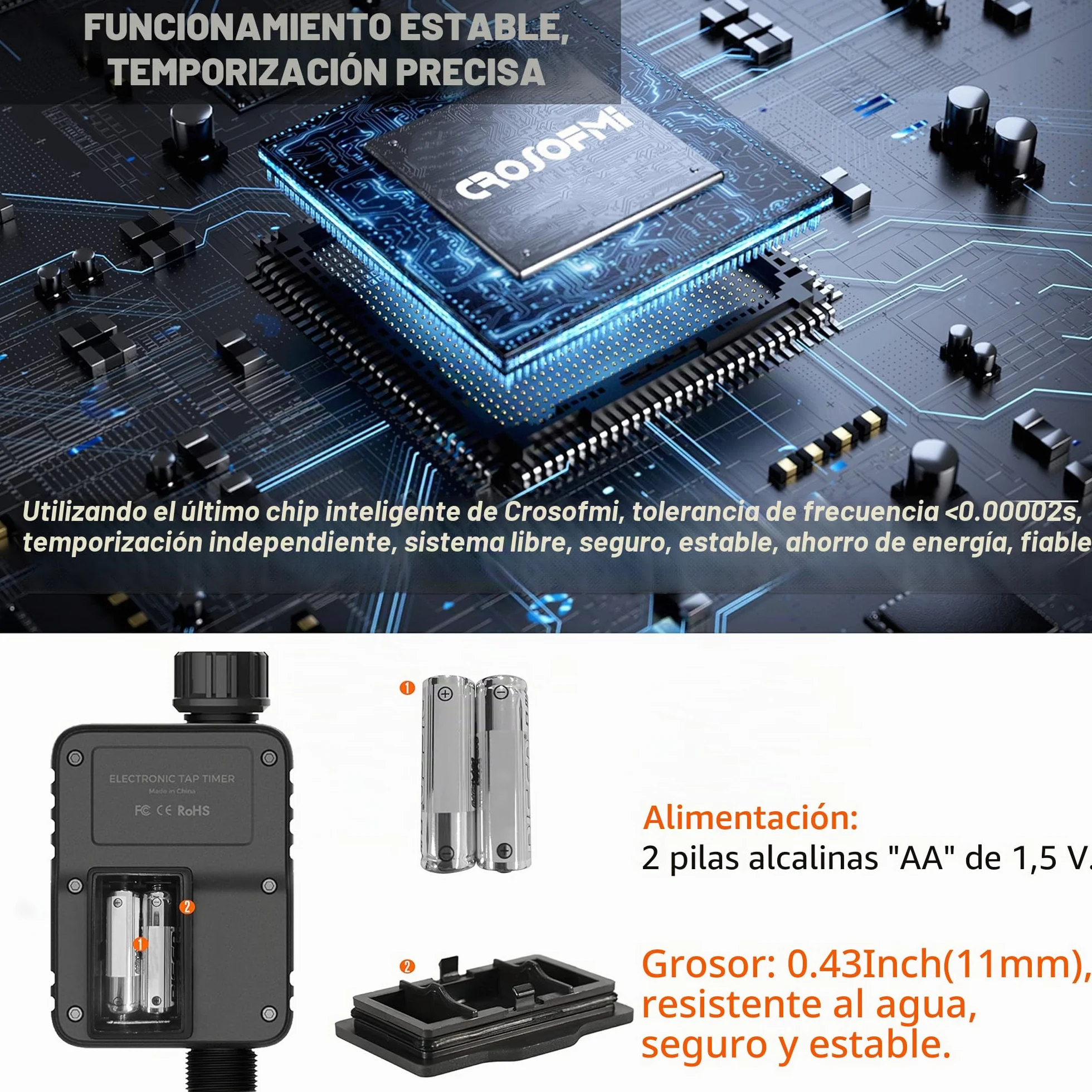 CROSOFMI Programador Riego Jardin Temporizador de Riego Automatico Control Pantalla Grande de 3 Pulgadas Naranja