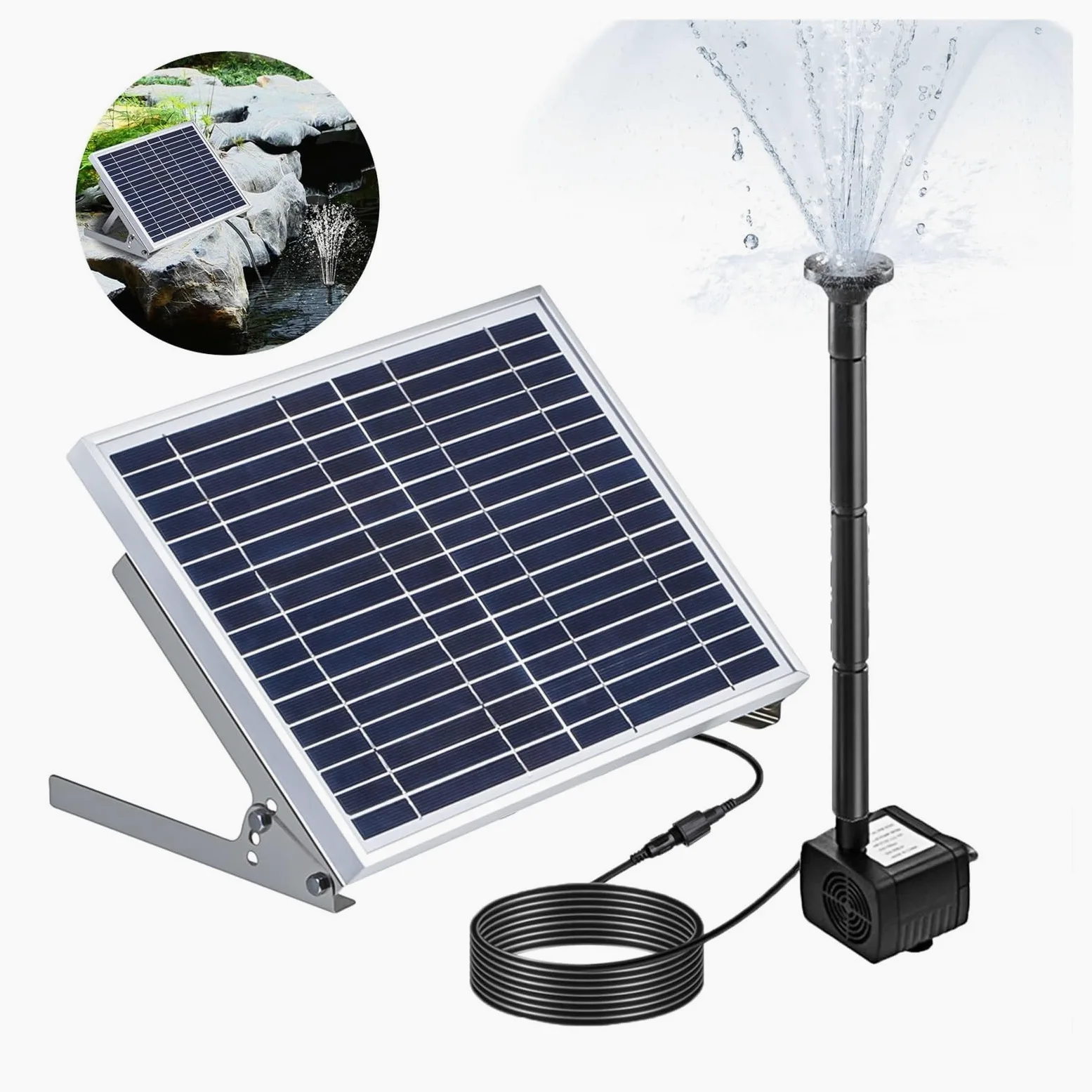 Bomba de Agua Solar, Fuente de agua con panel solar for piscina, estanque, jardín, aspersor con bomba y cabezales