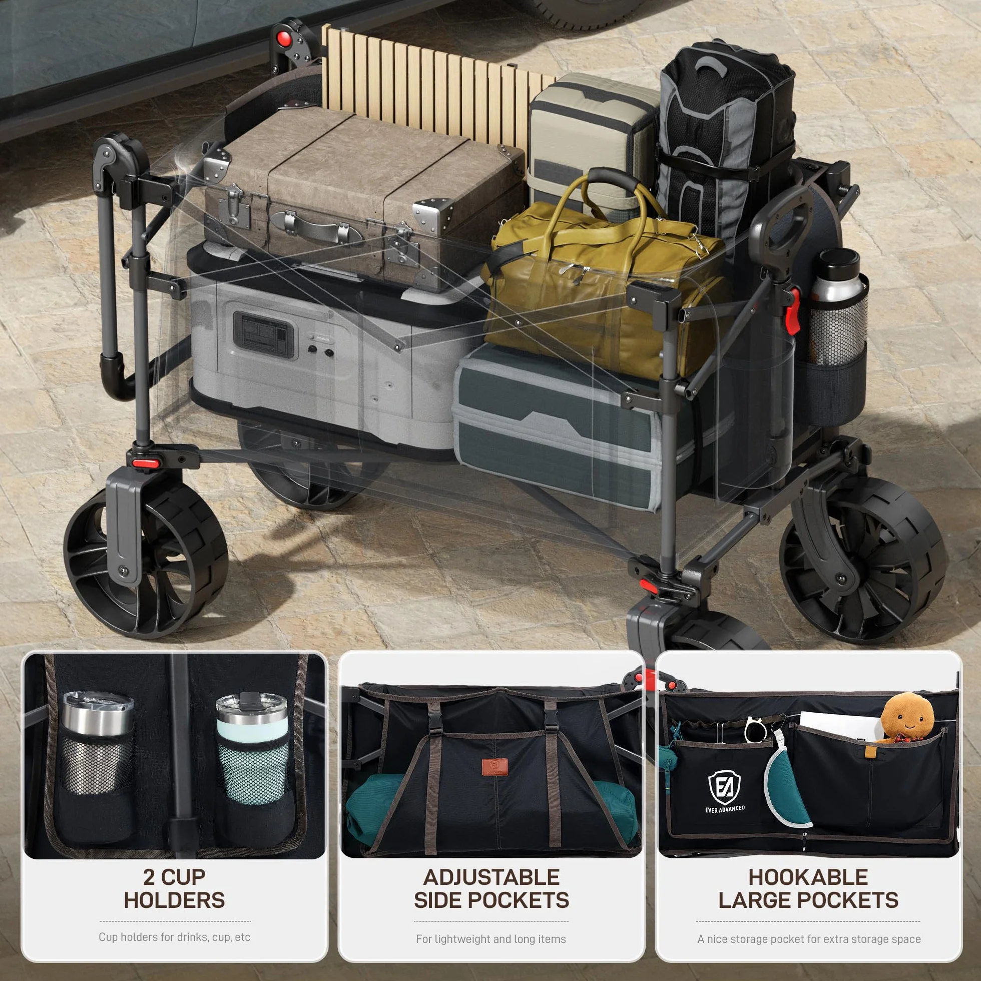 EVER ADVANCED Carrito de Festival de 228 L con Ruedas con toldo extraíble, Carrito de Camping Resistente de 150 kg, Carrito de Playa de Empuje y tracción con 3 Bolsillos Grandes, Negro