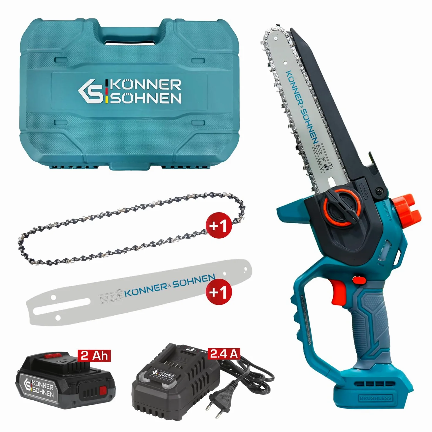 K&S Könner&Söhnen KS MCS20V-8 Case - Minimotosierra con batería de 8 pulgadas, motosierra eléctrica de mano con lubricación automática de cadena, sierra con batería de una sola mano con cargador de