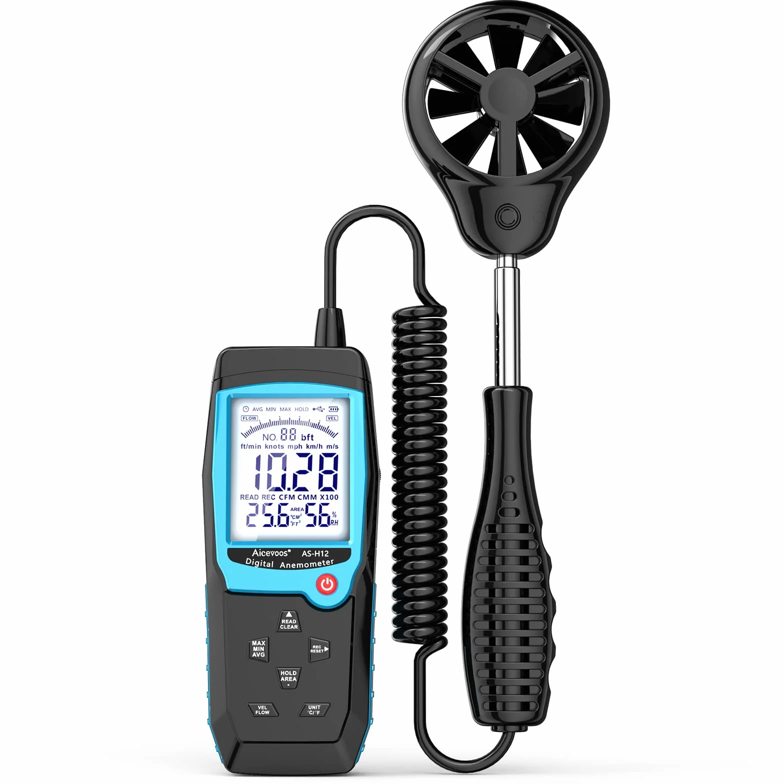 Anemometro Portatil Anemómetro Digital con Sensor de Viento Extendido, Mide Temperatura del Viento Velocidad del Viento Flujo de Viento CFM y Humedad con Retroiluminado y MAX/MIN/AVG