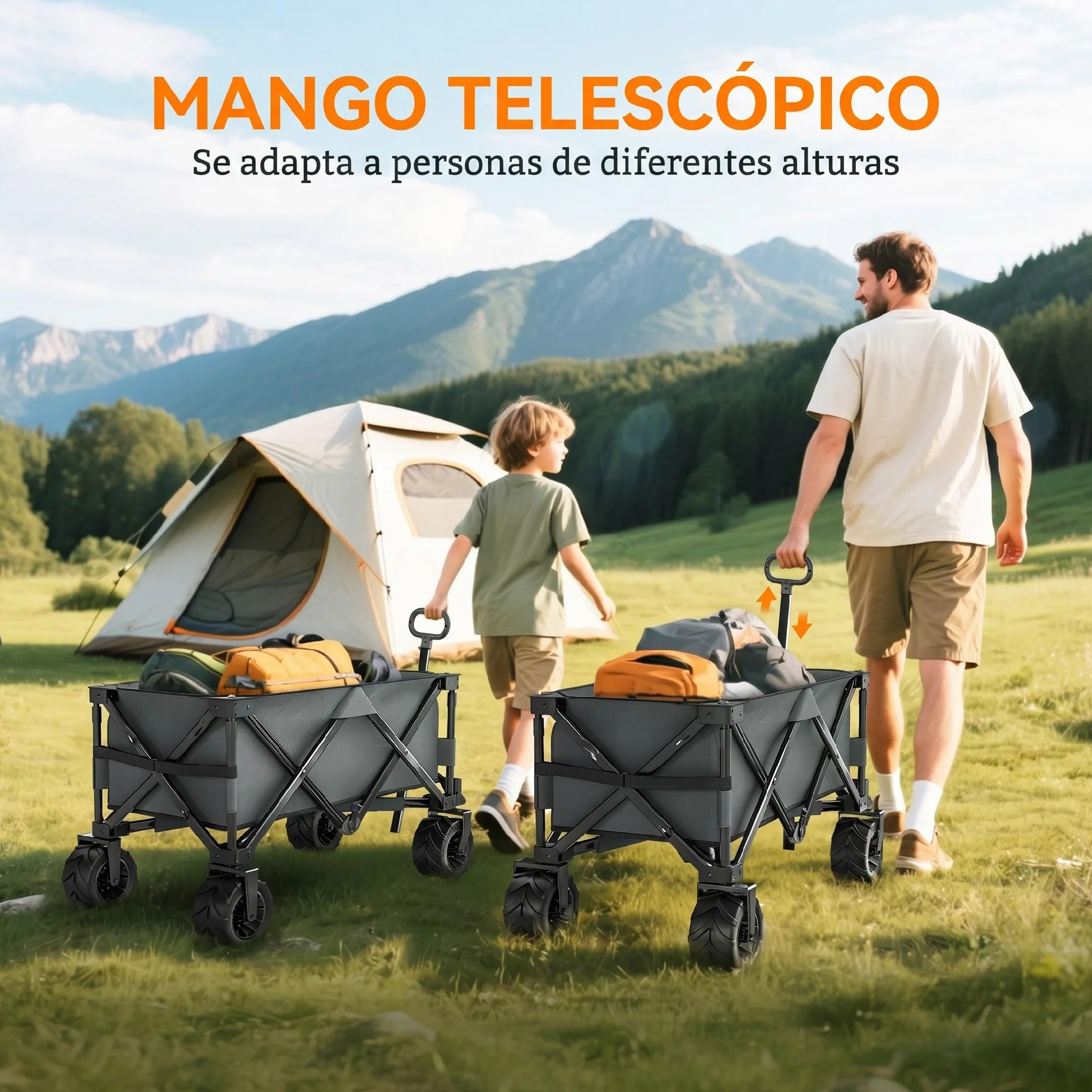 Outsunny Carro Playa Ruedas Grandes con Freno, Carrito de Jardín Plegable con Altura del Manillar Ajustable, Ruedas Giratorias 360°, para Terraza, Patio, Campaña, Compra al Aire Libre, Gris Oscuro