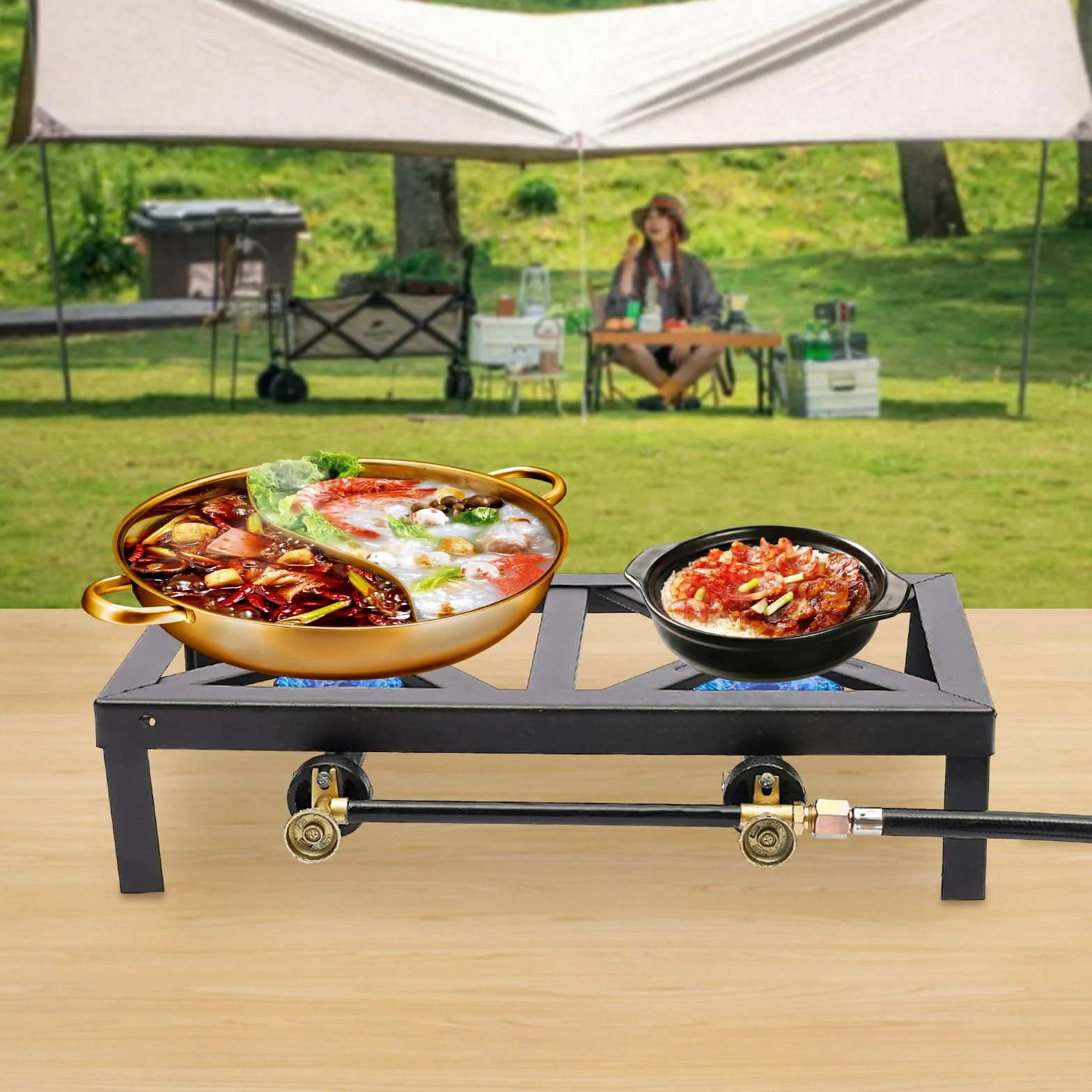 Hornillo de Gas Negro para Exteriores, 8000 W, 48x25x11,5cm Doble Quemador con Manguera reguladora, portátil, para Camping, jardín, Barbacoa, Patas fijas, portátil, Ligera