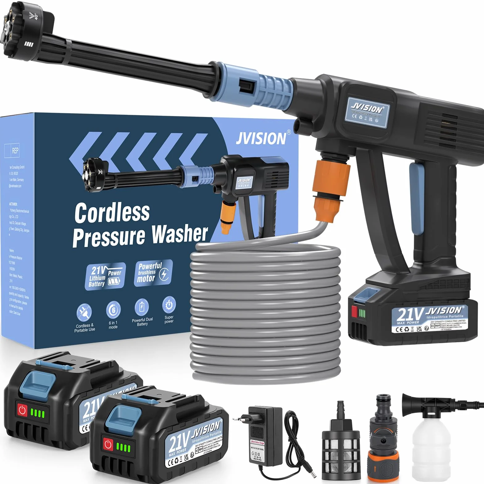 Hidrolimpiadora a Batería, Pistola de Agua a Presión 21V Hidrolimpiadora Eléctrica Portátil con 2 Baterías y Tubo de 5 m, Lavadora Inalámbrica para Coche, Jardín, Terraza, Césped y Riego