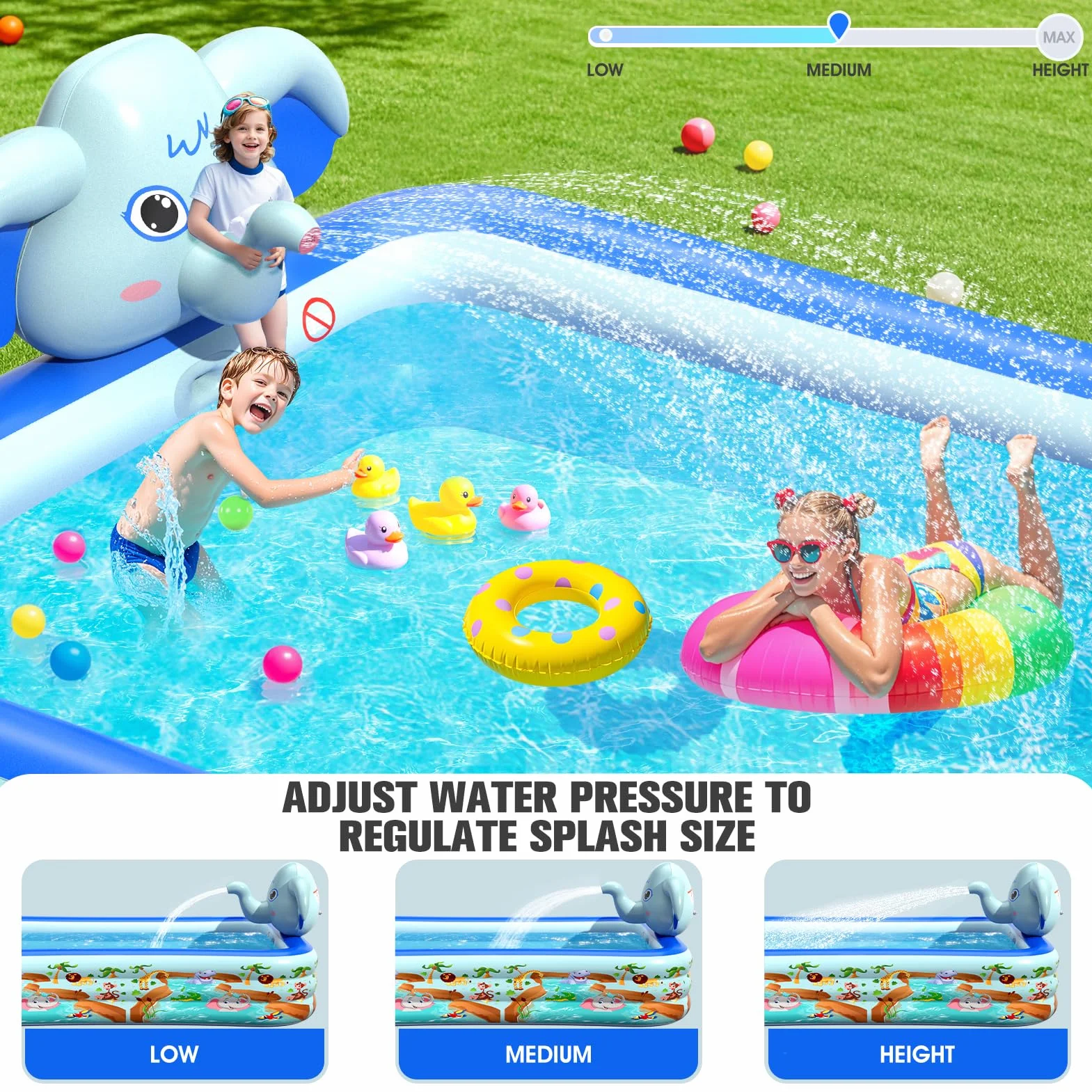 LanBlu Piscina Hinchable Adultos con Aspersor, Elefante Piscinas Hinchables Rectangular, Piscinas Hinchables Grandes de 0.6mm de Grosor, 252×183×56CM Piscina Hinchable Infantil para Terraza Jardín