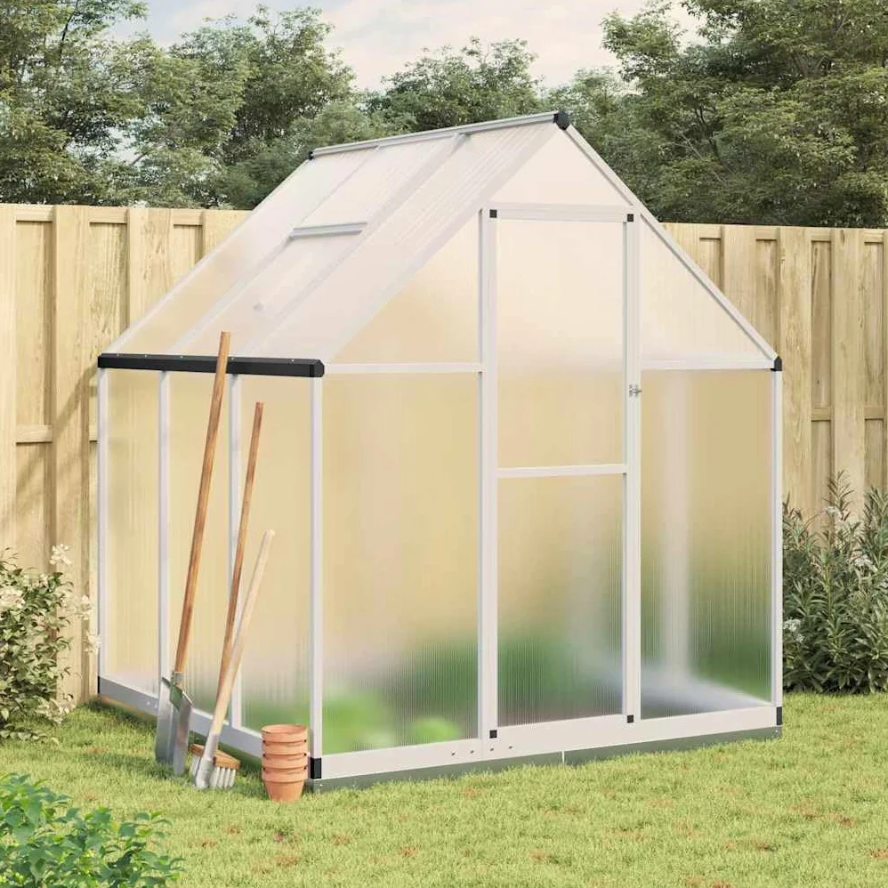 Invernadero con marco de base de aluminio plateado 169 x 169 x 202 cm, placas de policarbonato resistentes a los rayos UV, ventana de ventilación, puerta batiente, adecuado para cultivo de hortalizas