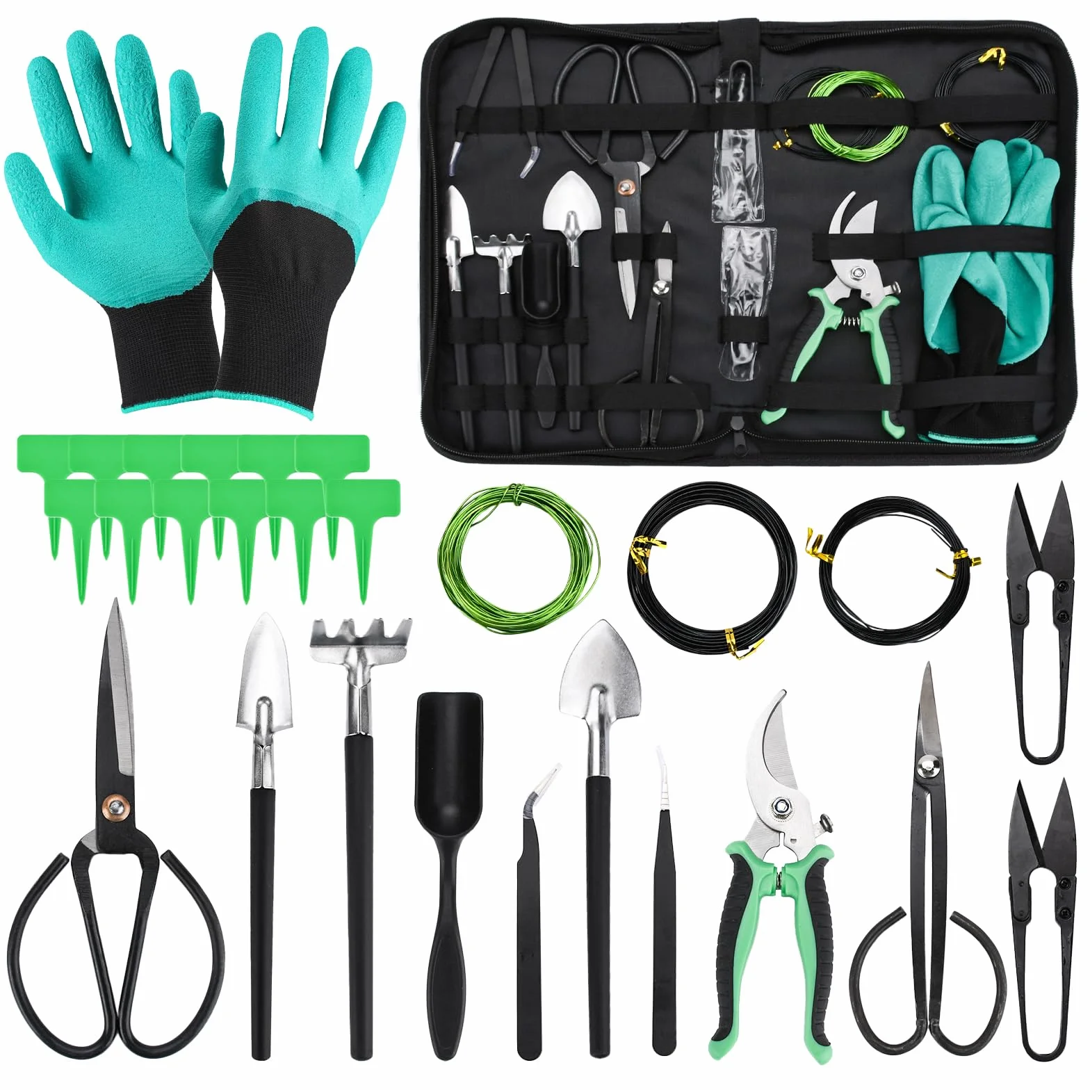 Juego de Herramientas Jardineria, 28 Piezas Kit Bonsai Incluyen Tijeras, Alambre, Mini Rastrillo, Pala y Tijeras de Podar, Las Suculentas Herramienta para Jardineria Casera y Plantas de Balcón