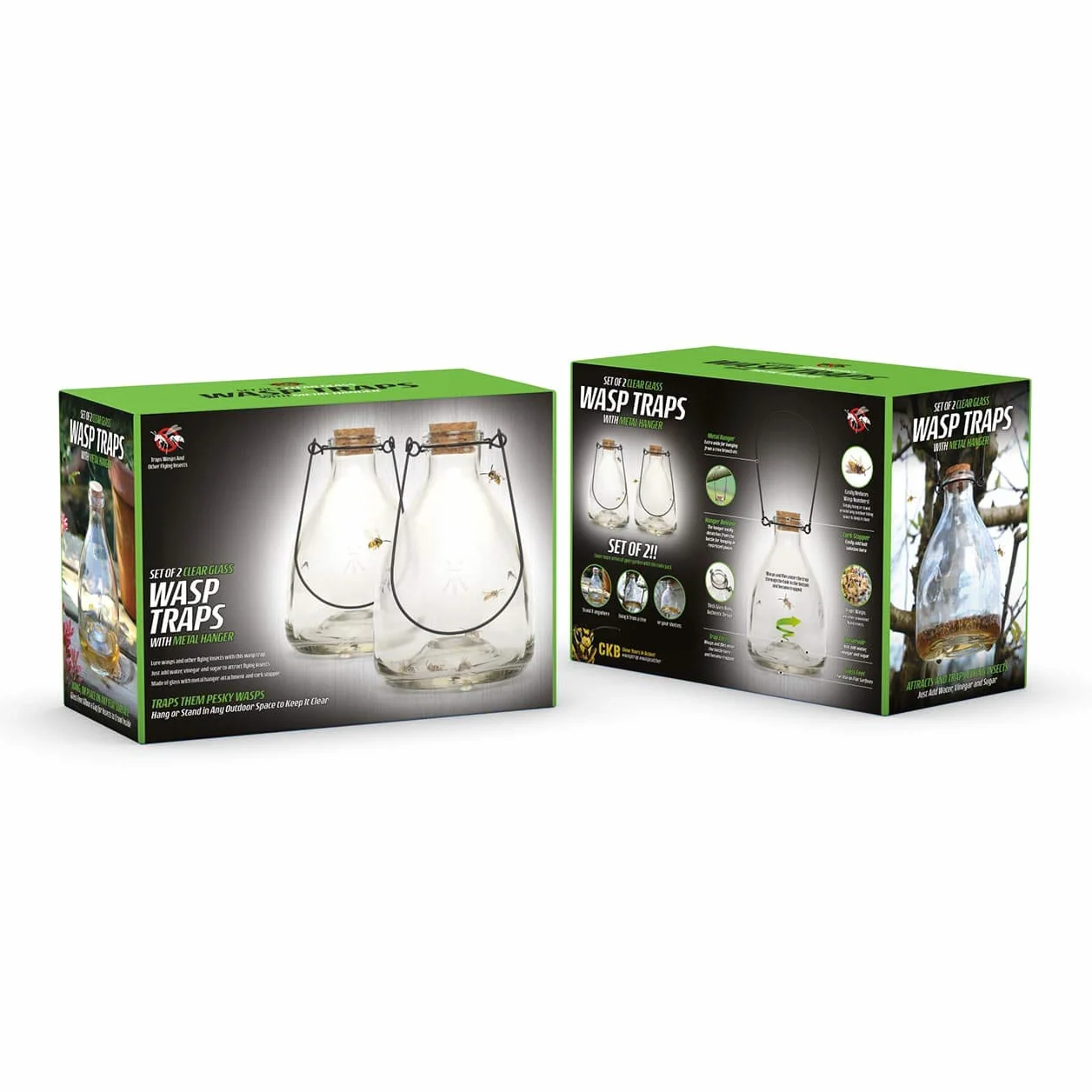 CKB LTD CKB-WC02 - Juego de 2 trampas para avispas con colgador de metal, diseño tradicional y atractivo para colgar miel, trampa para insectos para interiores y exteriores, control de plagas, paquete