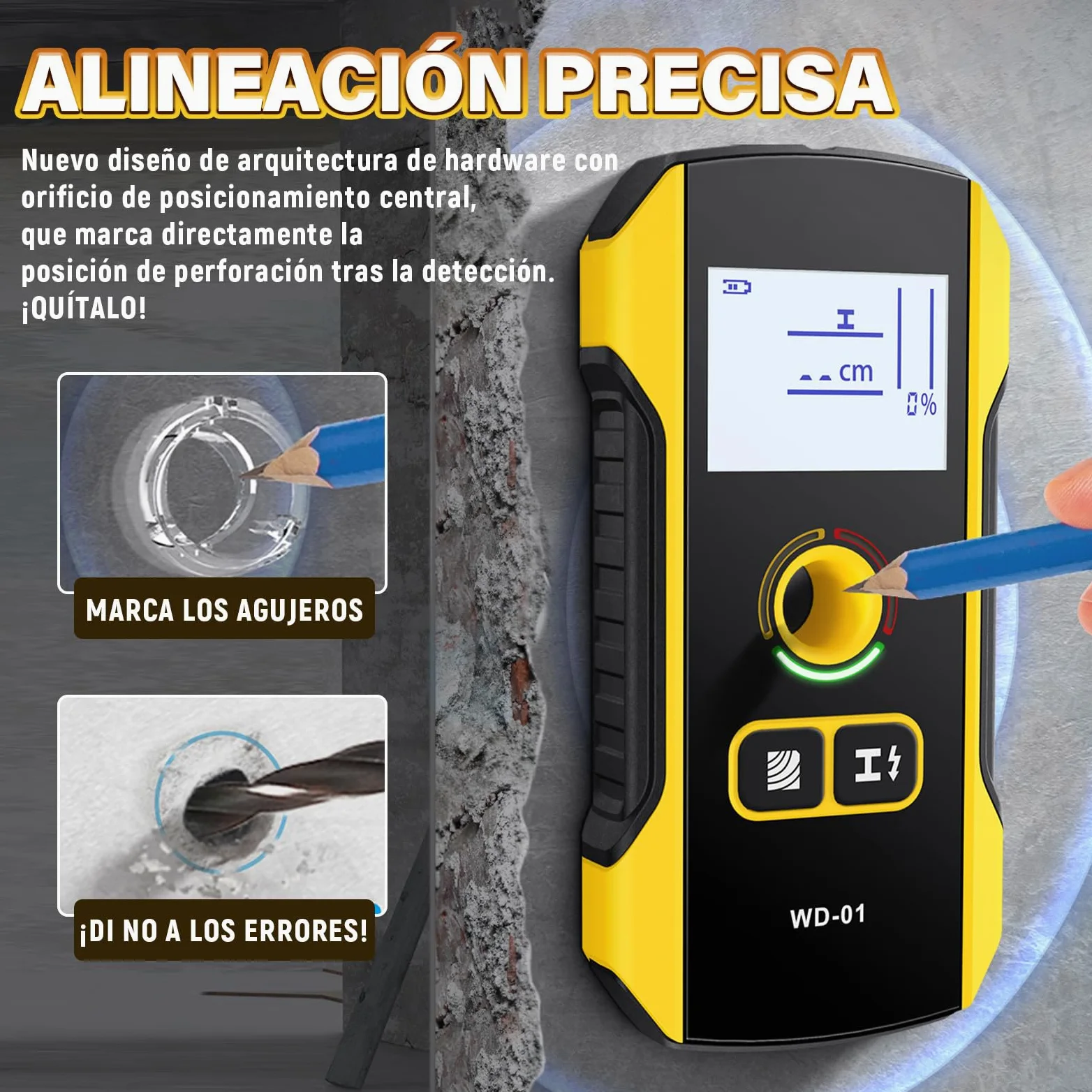 WD-01 Detector Cables y Tuberias,Escáner de Paredes,3 en 1 Metal/Cables de CA/Madera Detector de tuberias de Agua,Chip antiinterferencias HPC,Pantalla LCD VA de segmentos Negativos,Apagado Automático