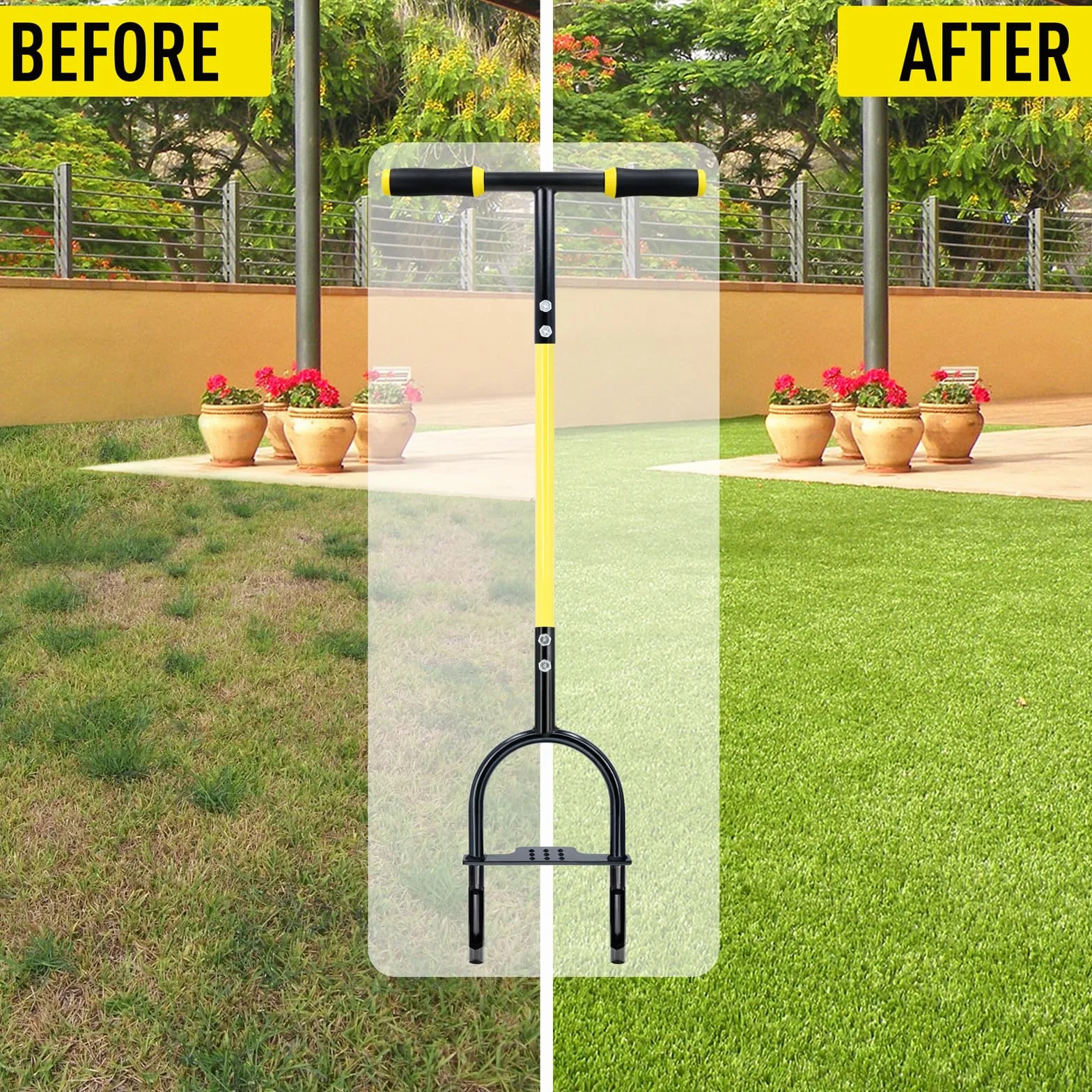 JARDINEER Aireador de césped, herramienta de extracción de hueso, aireador manual para compactación del suelo, aireador de césped para patios pequeños, jardín, césped