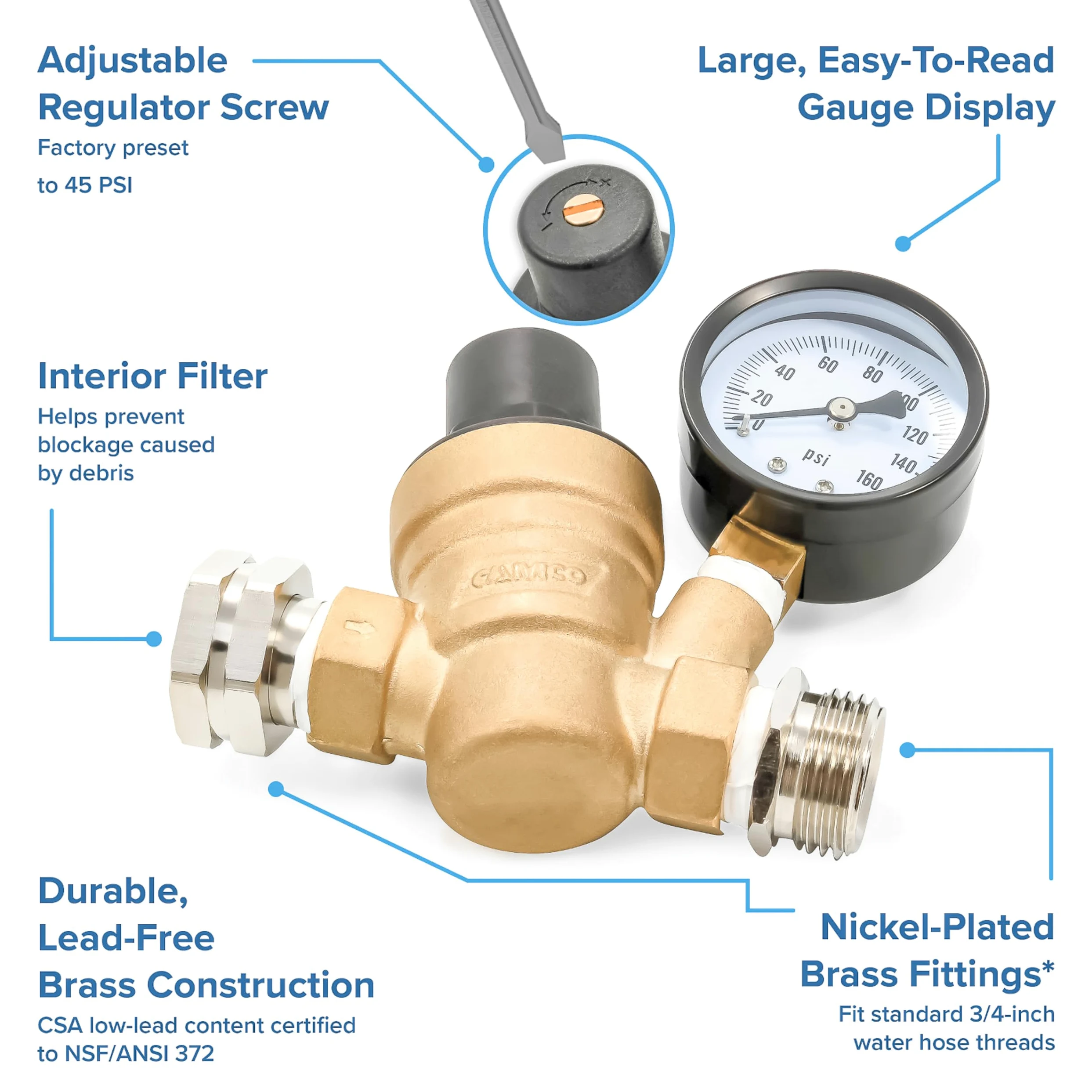 Camco latón regulador de presión de Agua