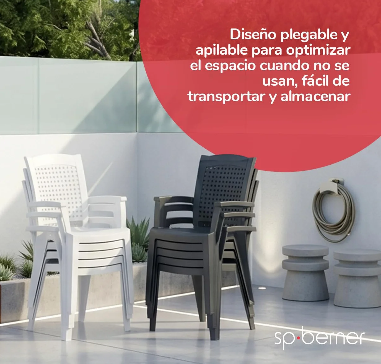 SP Berner SHAF - Pack 4 Sillas - Jardín Exterior y Terraza - Plástico Reciclado Resistente UV - Apilables - Modelo Metal - Blanco
