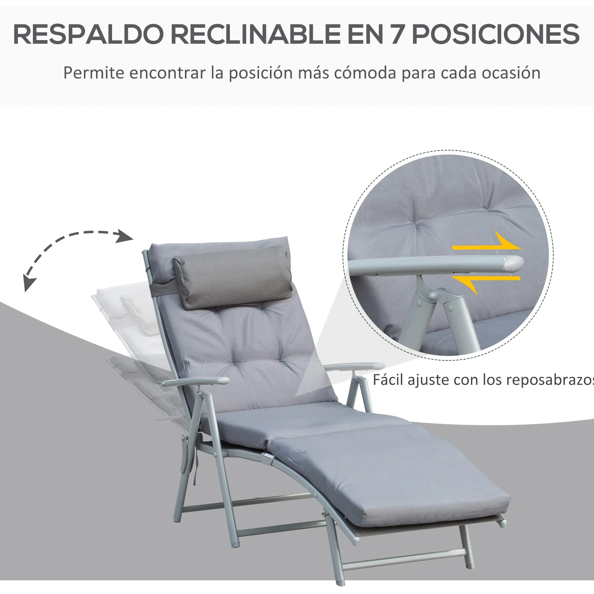 Outsunny Tumbona Plegable Tumbona de Jardín con Respaldo Ajustable en 7 Posiciones con Cojín Cuerpo Entero y Cabeza para Terraza Piscina Carga 165 kg 137x63,5x100,5 cm Gris