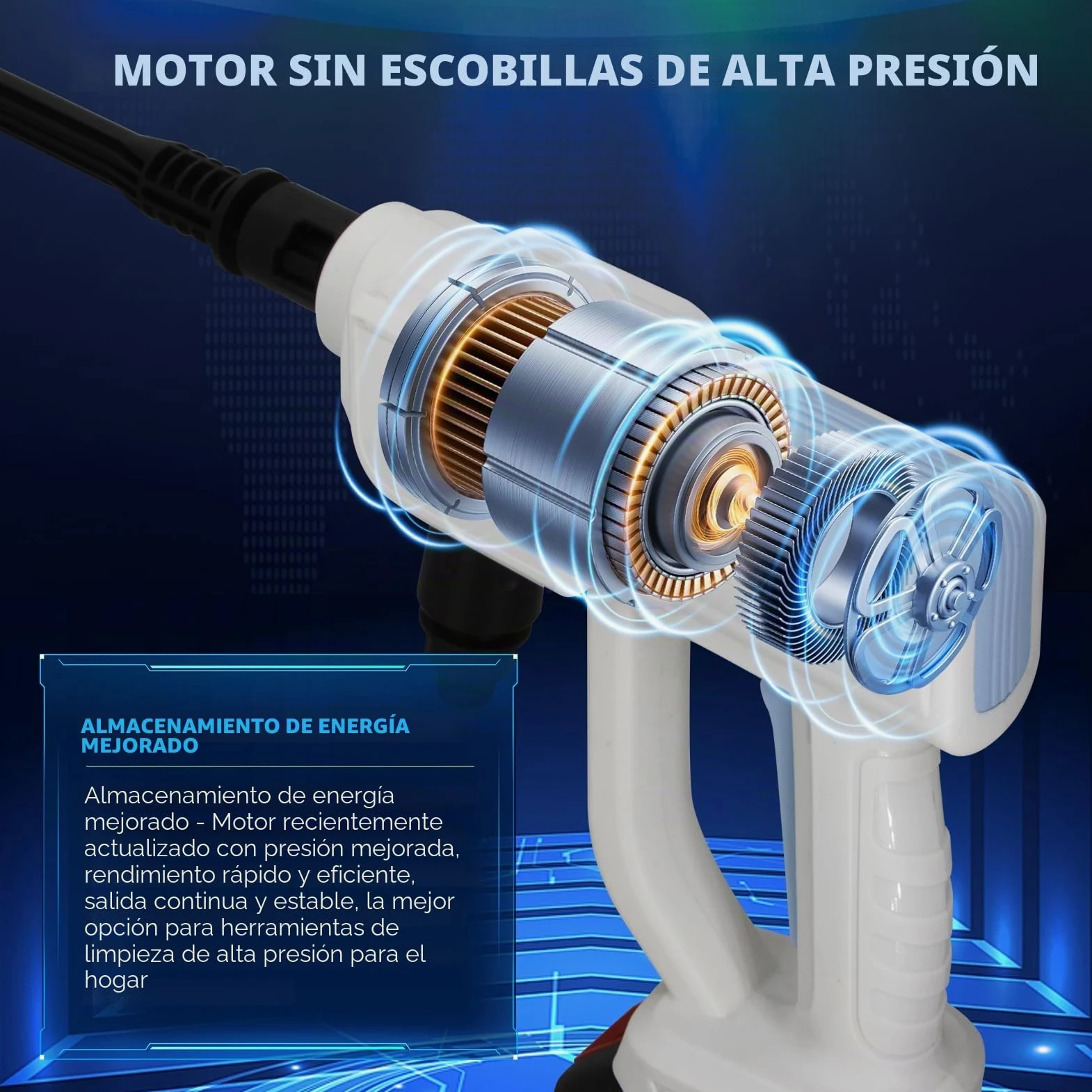 Hidrolimpiadora Inalámbrica 48V 2 Baterías Portátil Boquilla 6 en 1 | Limpieza a presión sin cables. 2 baterías (25-30 min), 6 modos, manguera 5m, fácil de guardar. Ideal para coches o jardín.