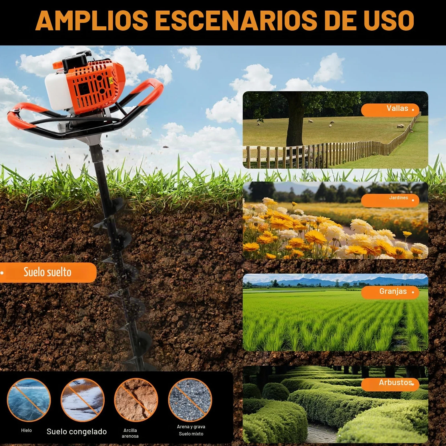 52CC Ahoyadora Gasolina 2 Tiempos Taladro de Tierra Gasolina con 3 Brocas (10/15/20 cm) + 30 cm Extensión Antivibración, Broca Jardín para Plantación de Jardines, Suelto Vegetal Cultivo | Perforadora de tierra de gasolina, varilla de extensión antivibraci