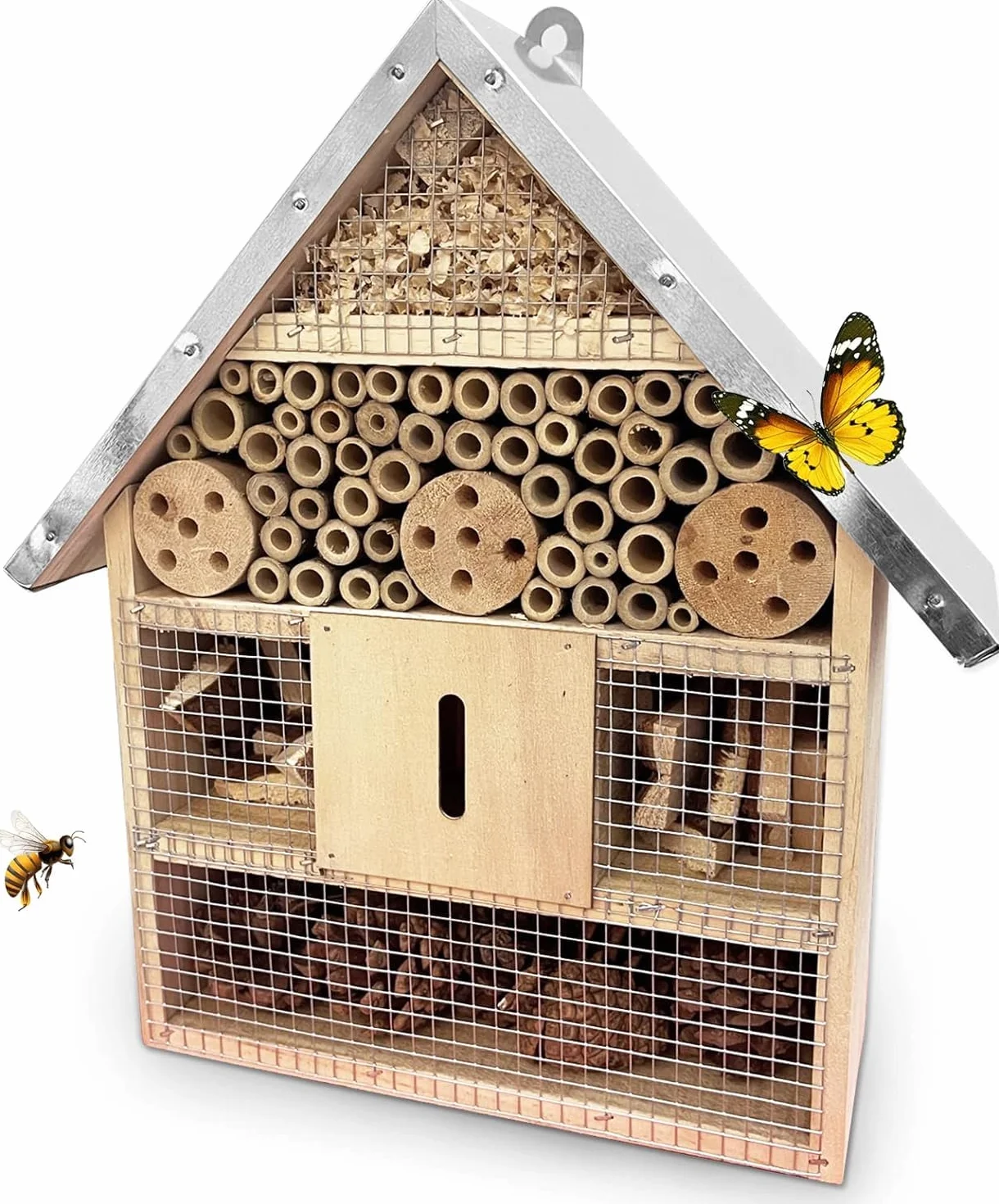 Hotel De Insectos para Exterior Colgar, Casa De Insectos De Madera para La Decoración del Jardín Arbol, Casita Insectos con Techo Metalico Y Gancho, para Abeja Mariposa Mariquitas Vivas Insectos