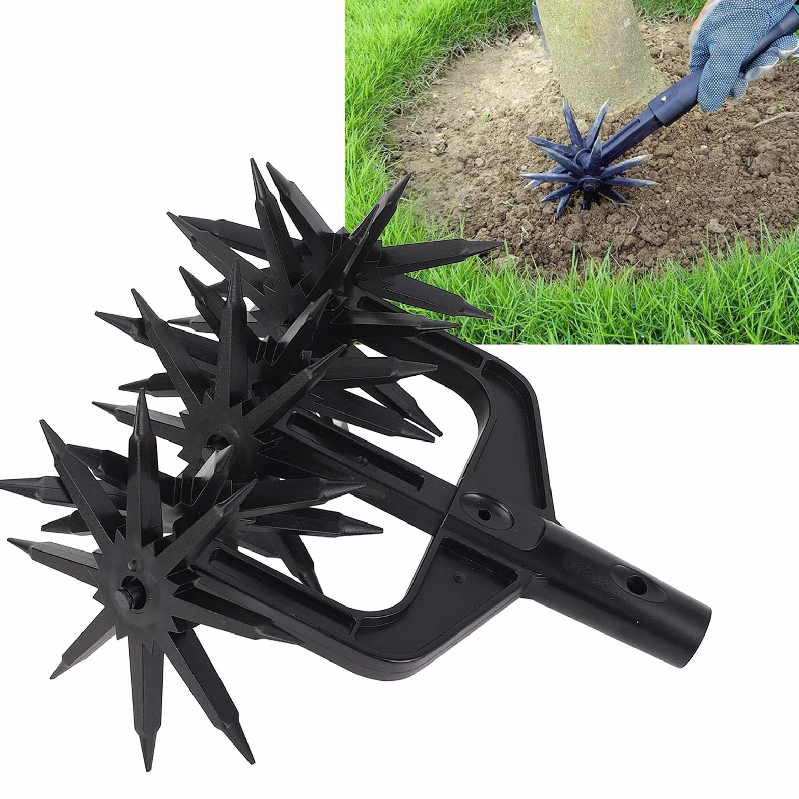 Cultivador Rotativo de Jardín, Cimor de Mano Ajustable con Ruedas de Plástico Desmontables y Largas Picos, Herramienta de Cultivador del Suelo para la Aireación