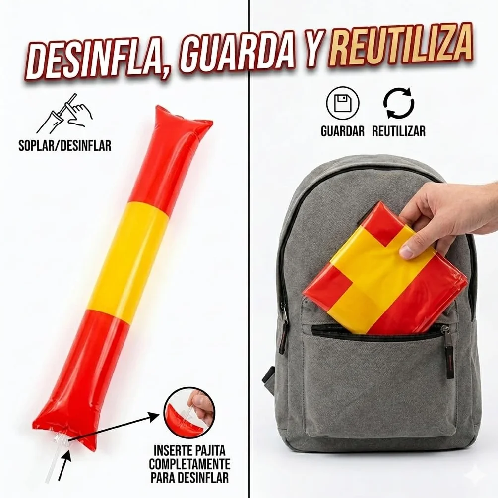 Pack de 10 Pares Aplaudidores Inflables España Mundial Palos de Animación Hinchables Ruidosos para Fútbol Fiestas Bastones Reutilizables LDPE