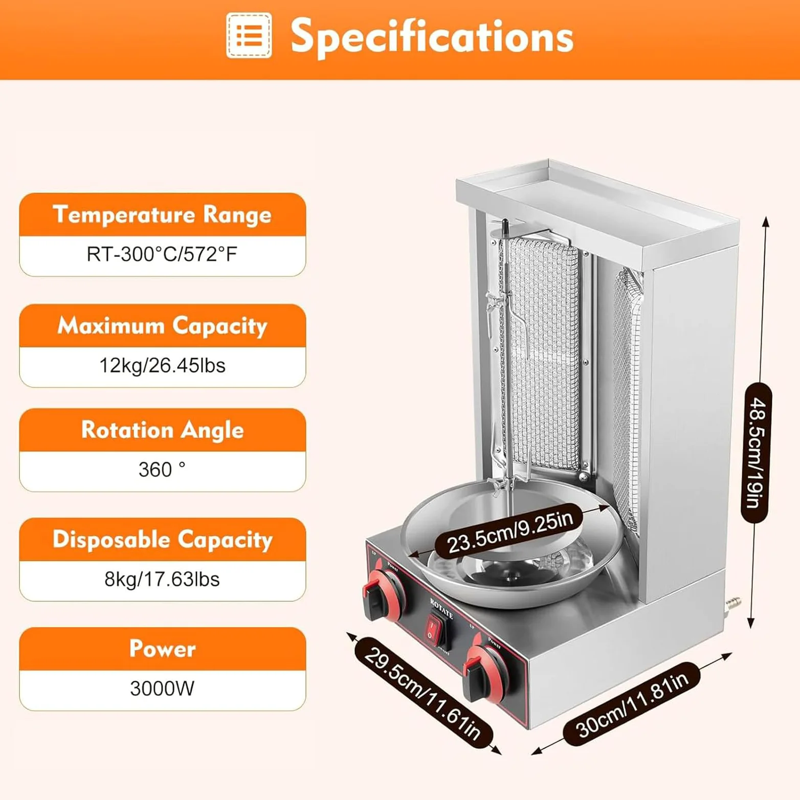 Horno Asador Vertical A Gas, Horno Asador Gyro, Máquina De Gas para Kebab Doner, con 2 Quemadores, Capacidad De 13 Libras, con Bandeja De Aceite, para Reuniones Familiares Black