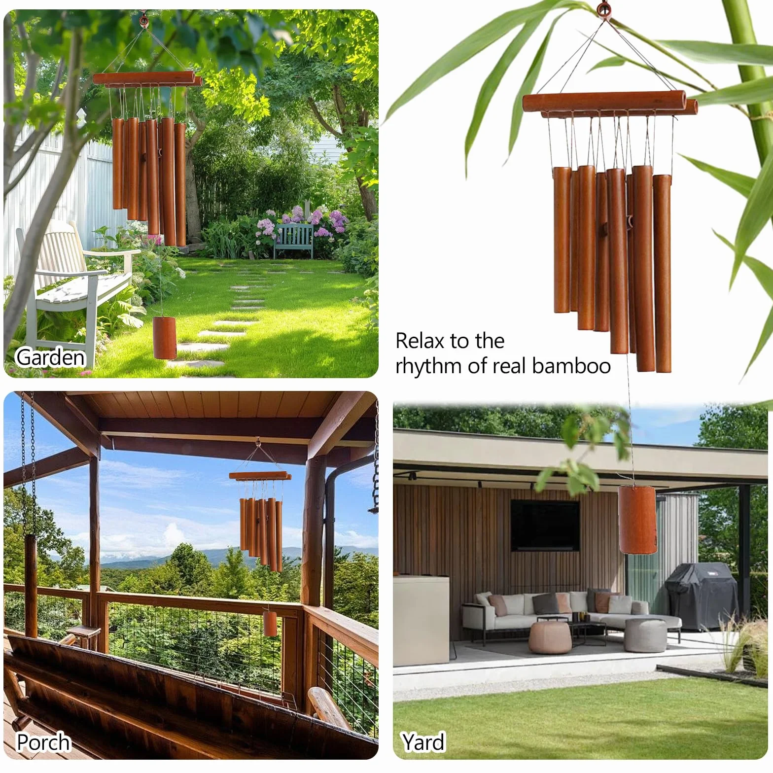 Campanillas de Viento, Campas de Viento de Bambú, Campanillas de Eólica Colgantes, Carrillón de Madera para Exteriores e Interiores, para Terraza, Jardín, Balcón, Patio, Color de la Madera